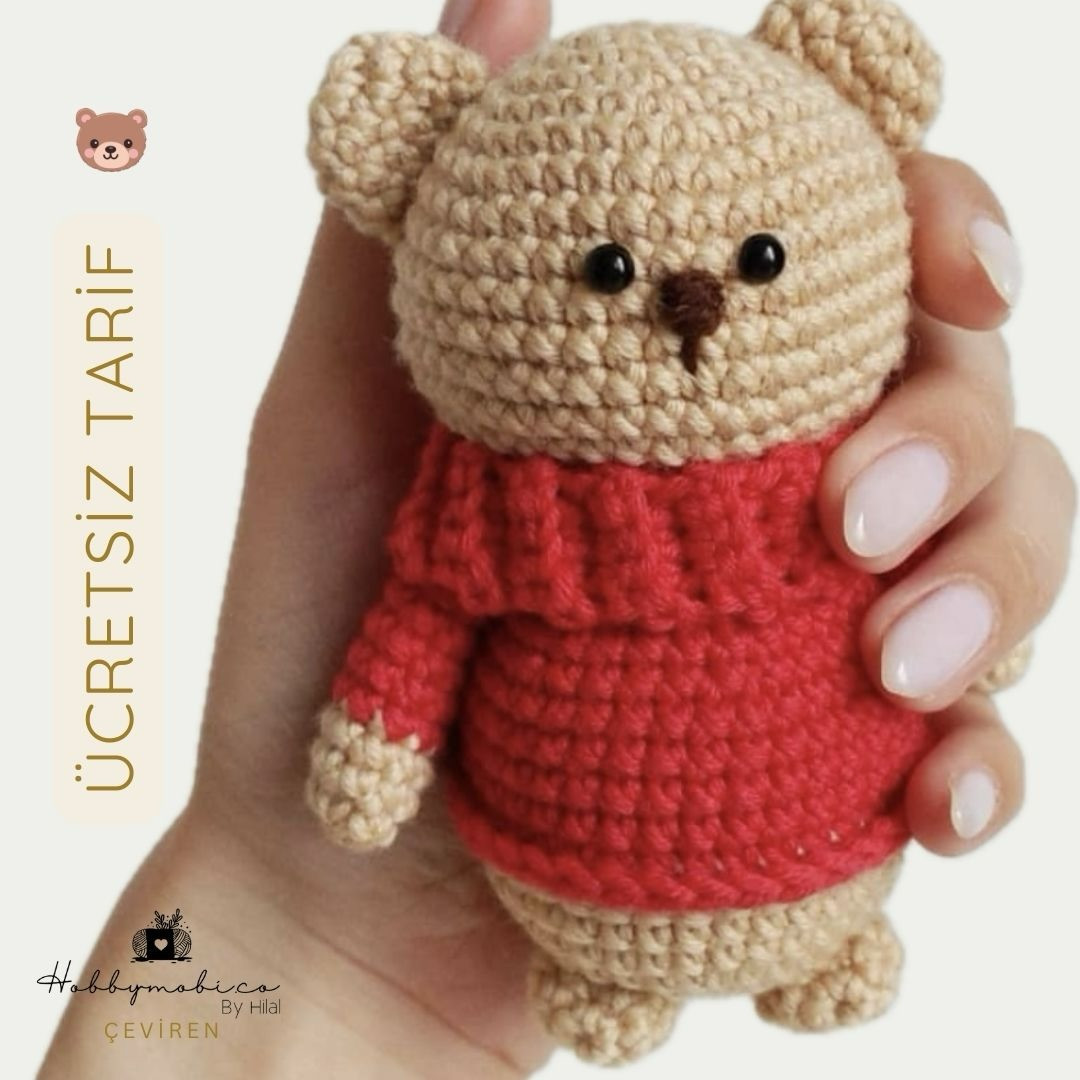 Ücretsiz Tığ İşli Sevimli Ayıcık Amigurumi Tarifi - Bej ve Kırmızı