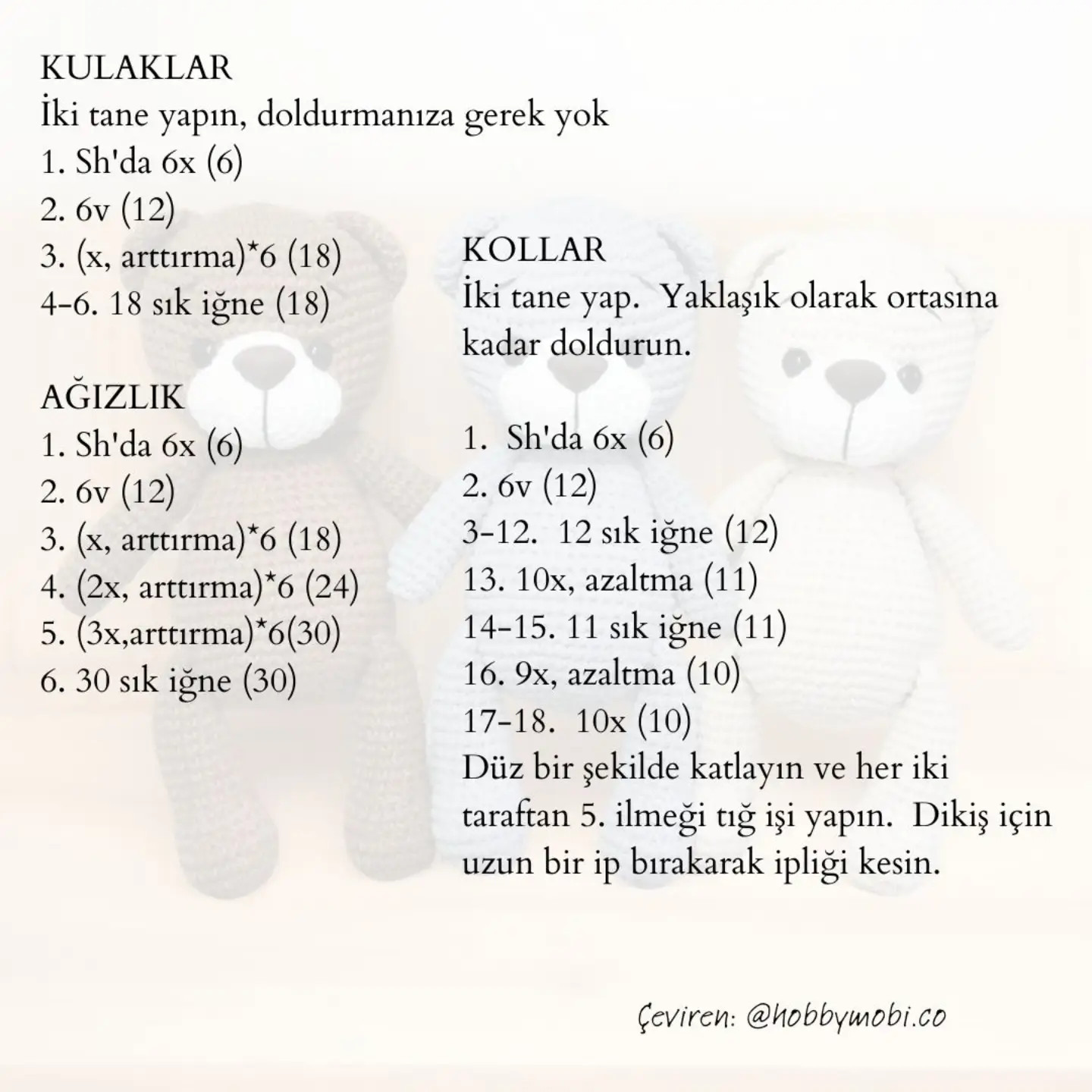 Ücretsiz Türkçe Amigurumi Ayı Tarifi: Kafa, Gövde, Bacak ve Kulak Şemaları