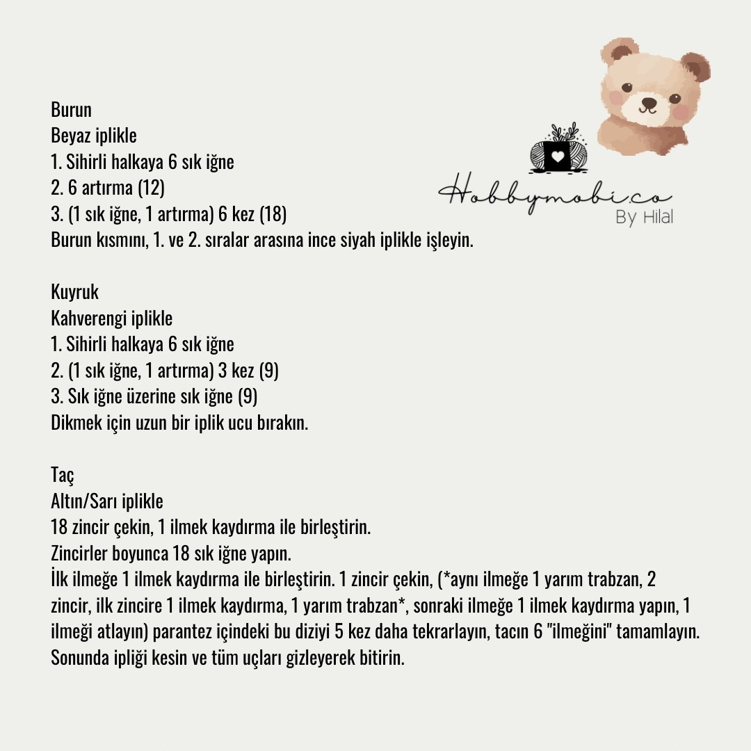 Ücretsiz Türkçe Tarif: Sevimli Kahverengi Amigurumi Ayı (Taç ve Mavi Yaka ile)