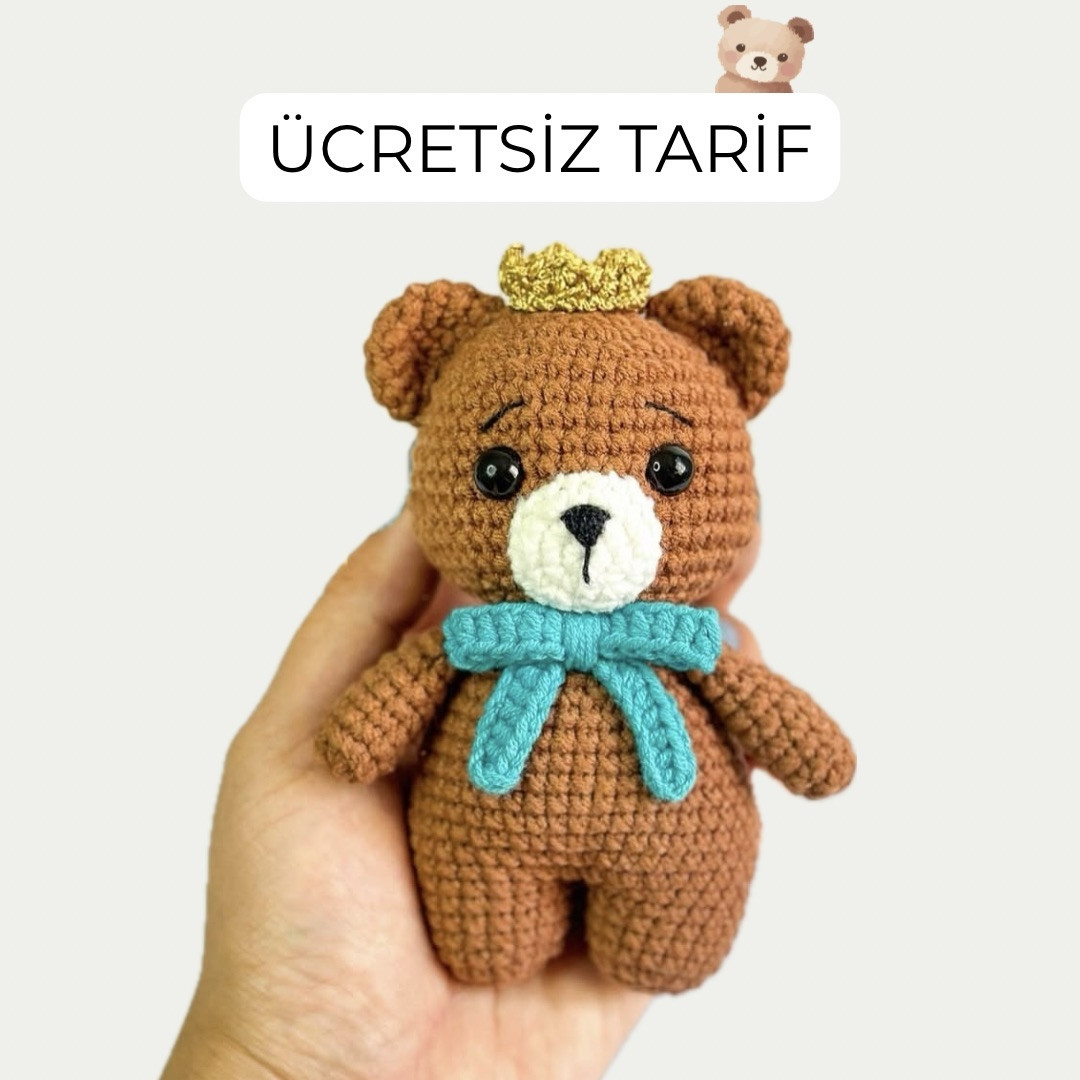 Ücretsiz Türkçe Tarif: Sevimli Kahverengi Amigurumi Ayı (Taç ve Mavi Yaka ile)