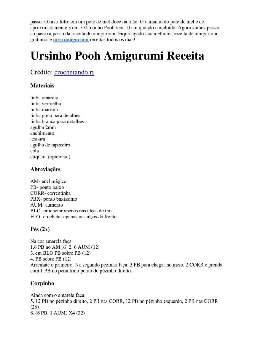 Ursinho Pooh Amigurumi Receita