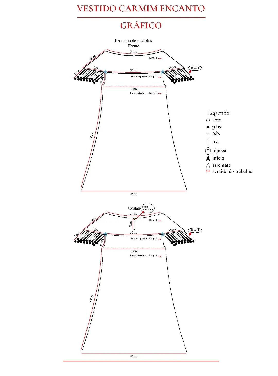 Vestido Carmim Encanto: Gráfico de medidas e diagramas detalhados para frente, costas, pala e franja