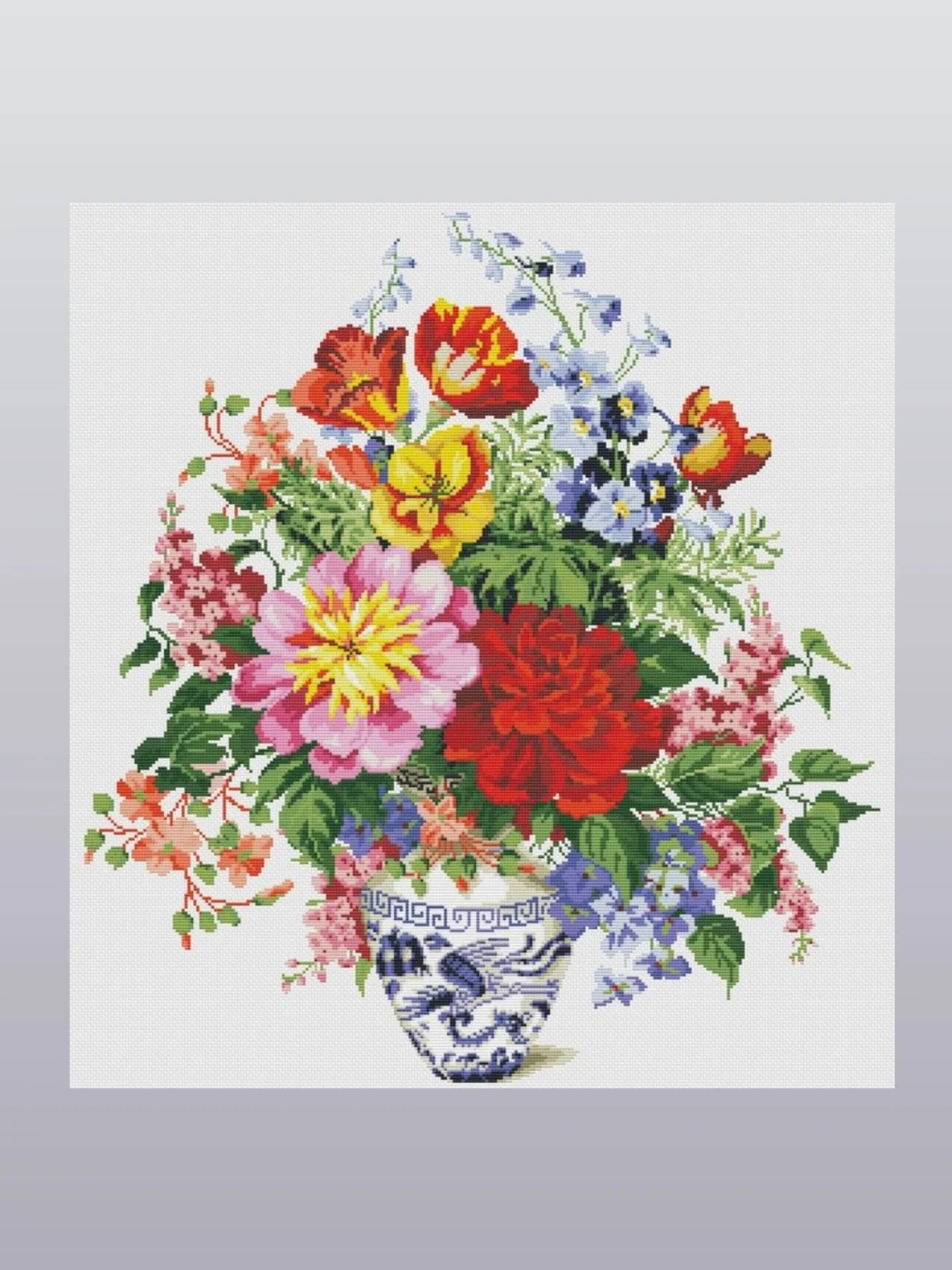 Vibrant Bouquet Cross Stitch Pattern Chart with Blue and White Vase