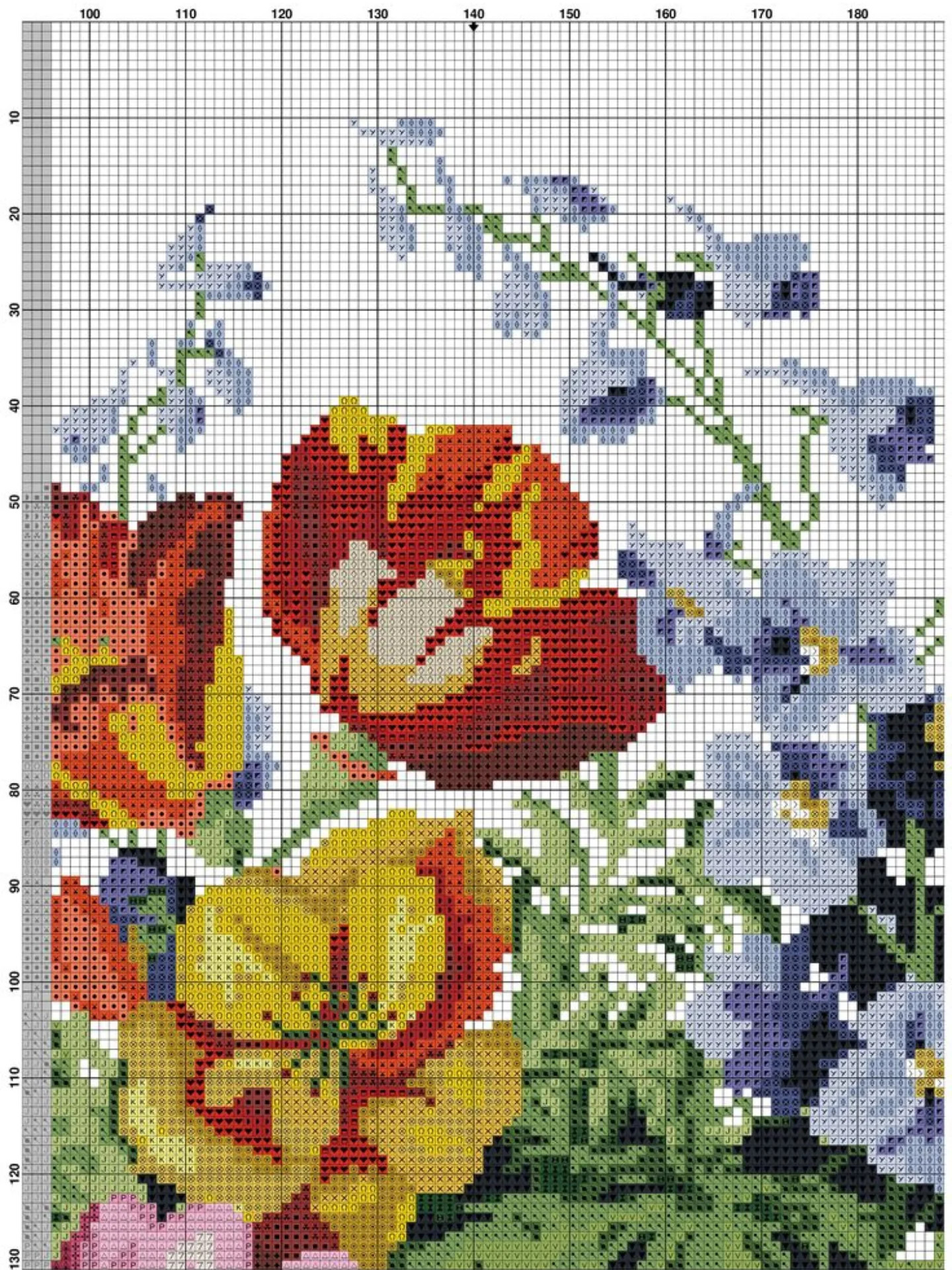 Vibrant Bouquet Cross Stitch Pattern Chart with Blue and White Vase
