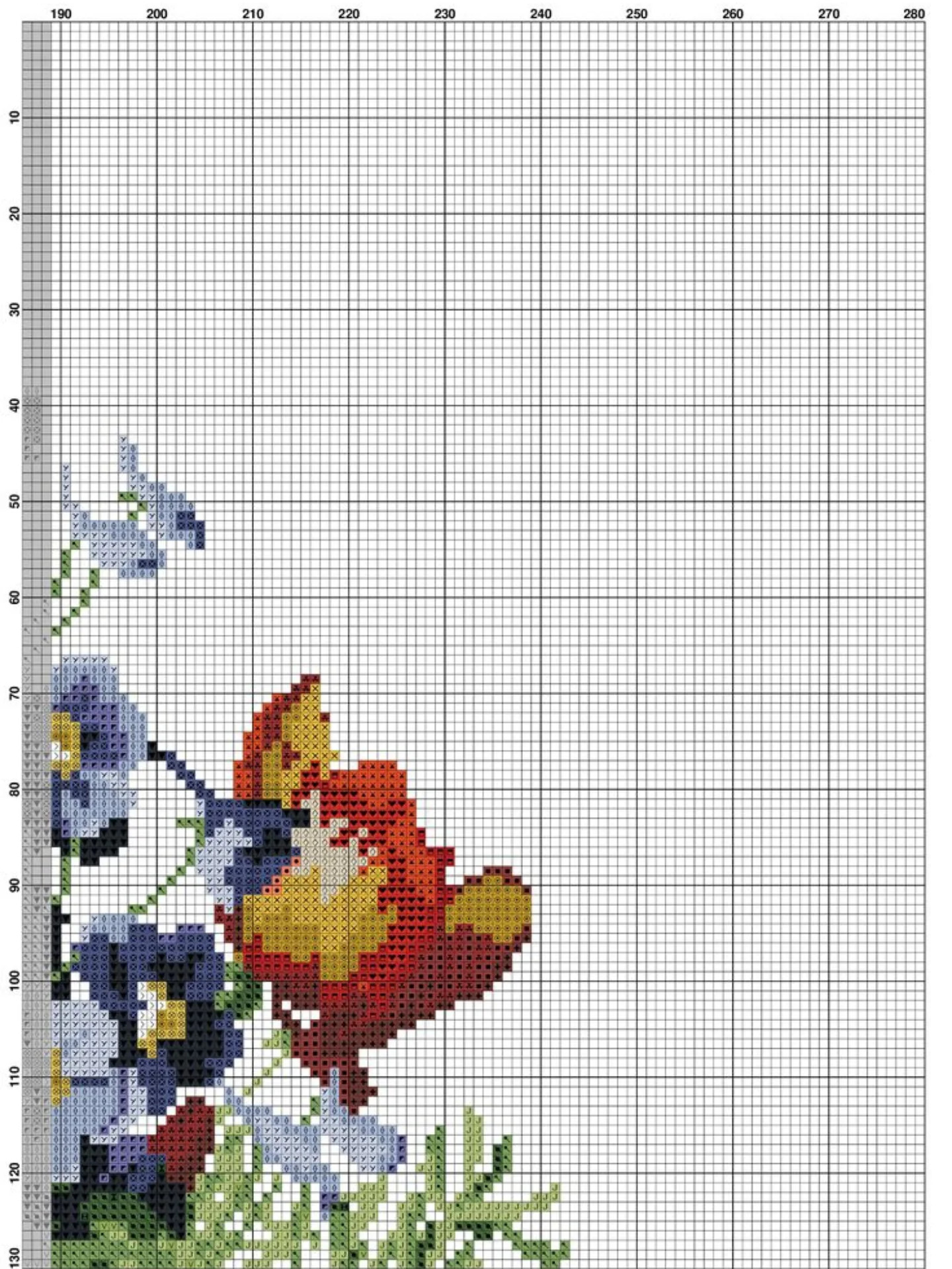 Vibrant Bouquet Cross Stitch Pattern Chart with Blue and White Vase