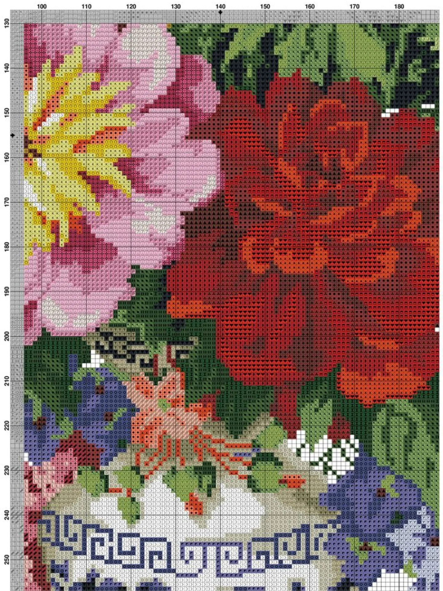 Vibrant Bouquet Cross Stitch Pattern Chart with Blue and White Vase