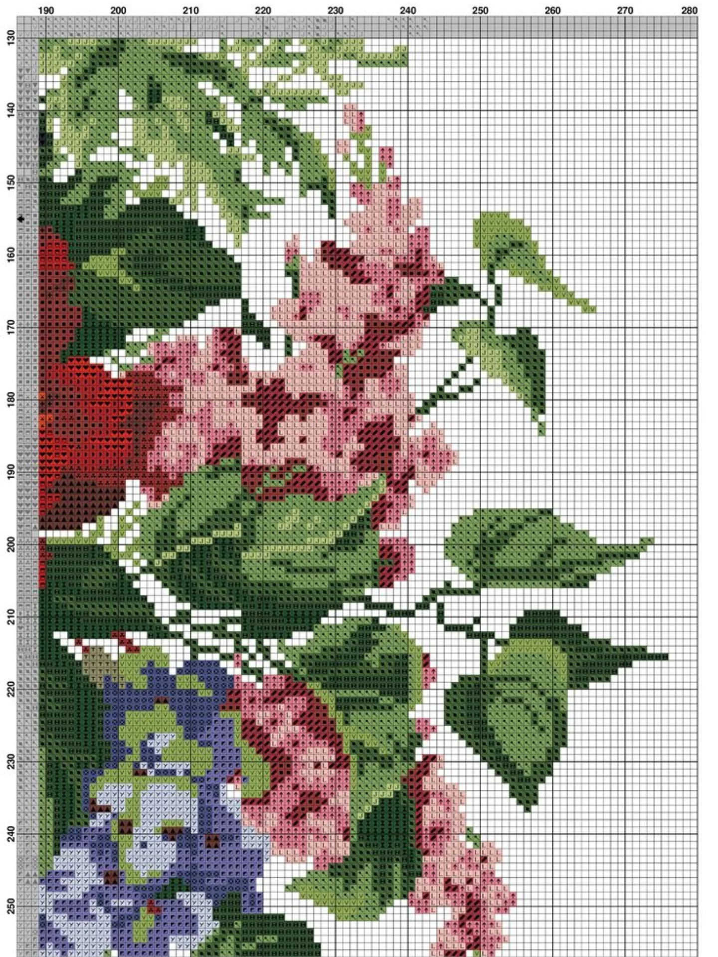 Vibrant Bouquet Cross Stitch Pattern Chart with Blue and White Vase