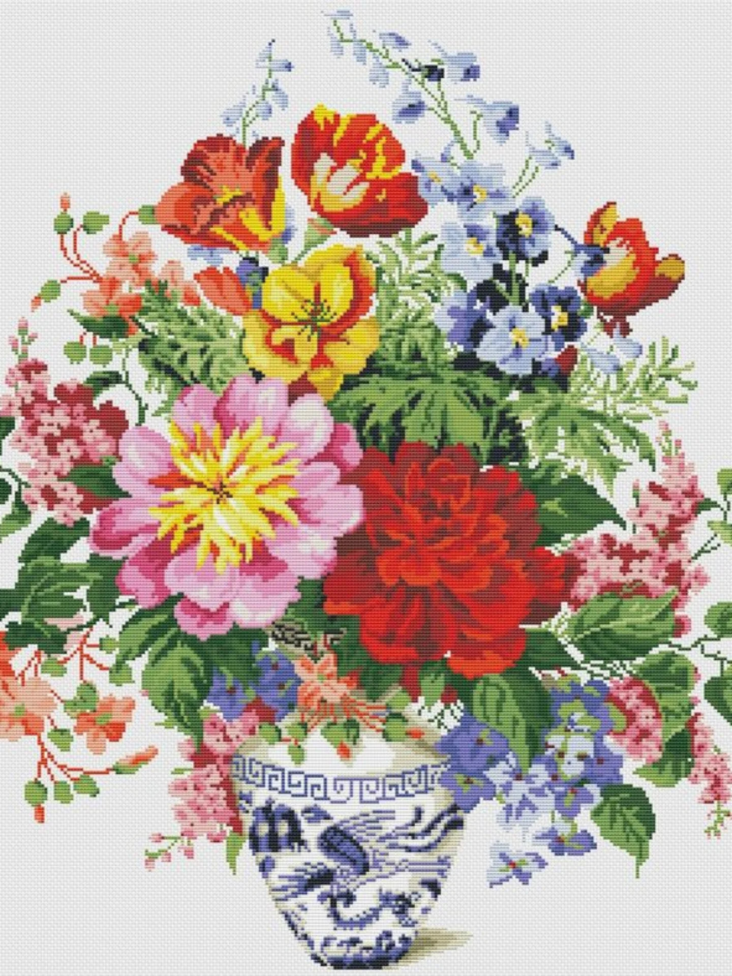 Vibrant Bouquet Cross Stitch Pattern Chart with Blue and White Vase