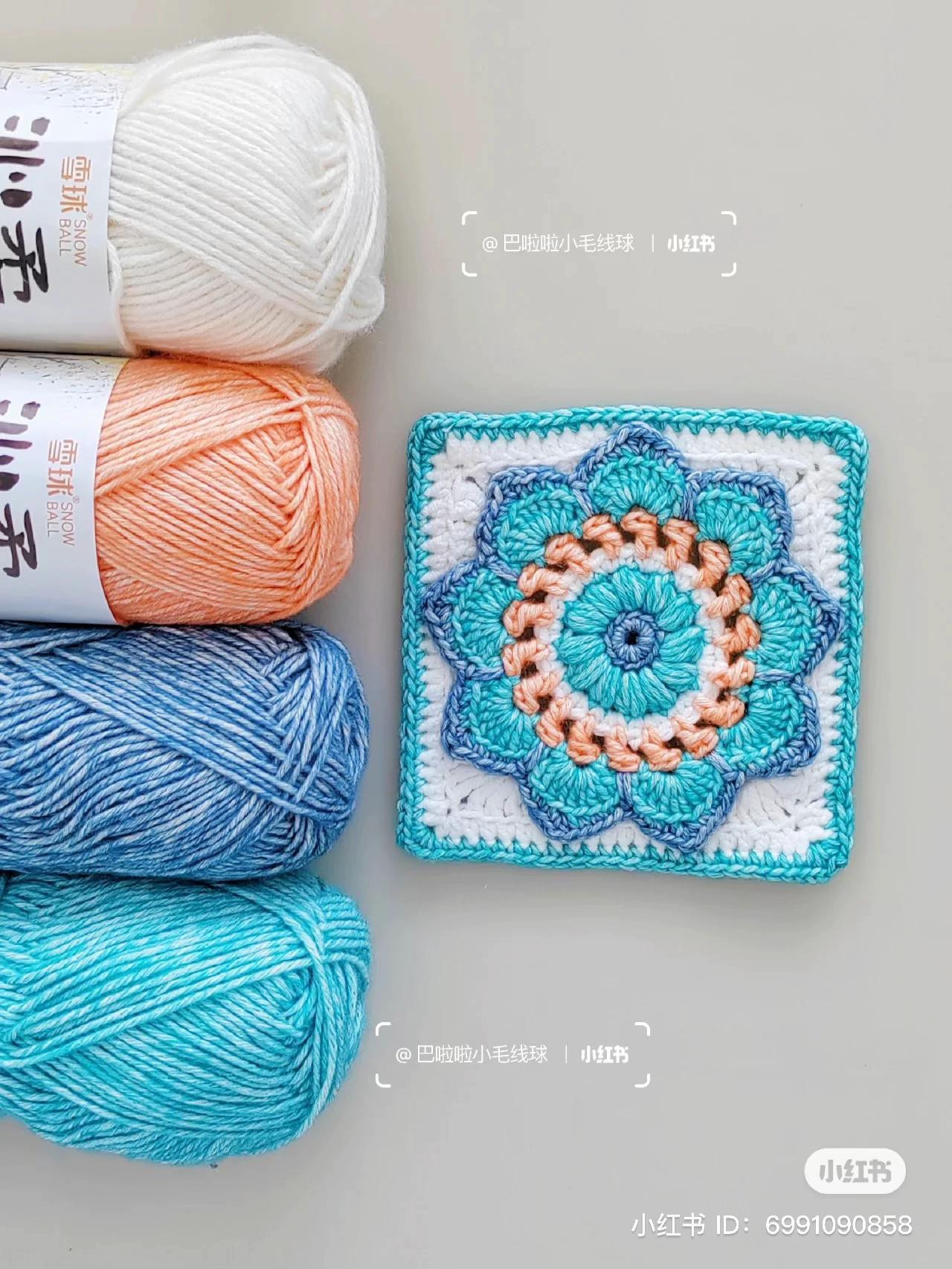 Vintage Blue and Orange Crochet Granny Square with Detailed Flat Chart Pattern