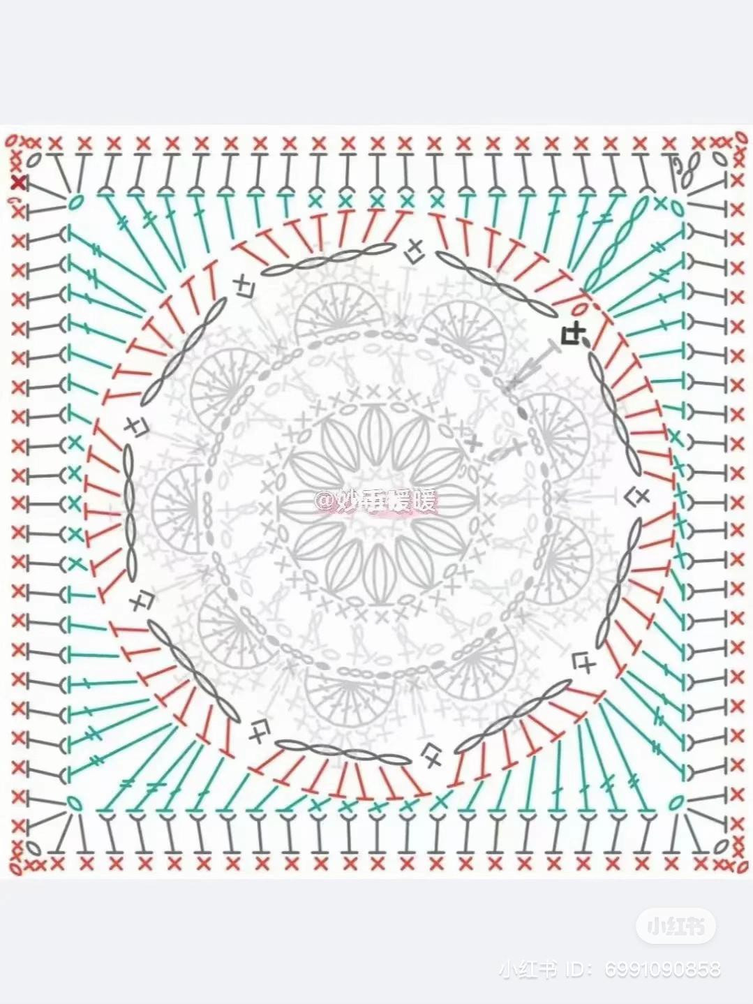 Vintage Blue and Orange Crochet Granny Square with Detailed Flat Chart Pattern