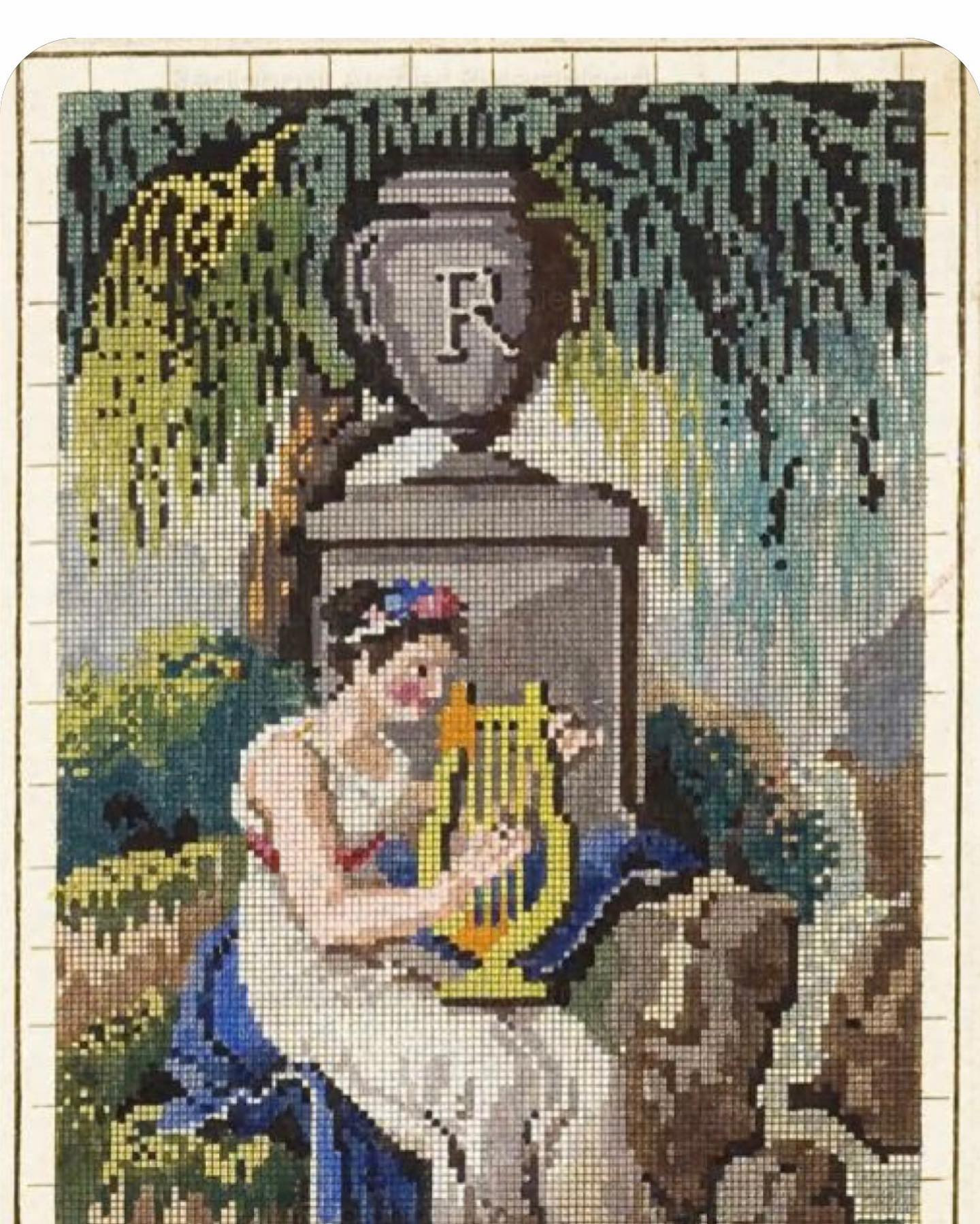 Vintage Cross Stitch Chart: Lady Playing Harp by Fountain with Monogram R