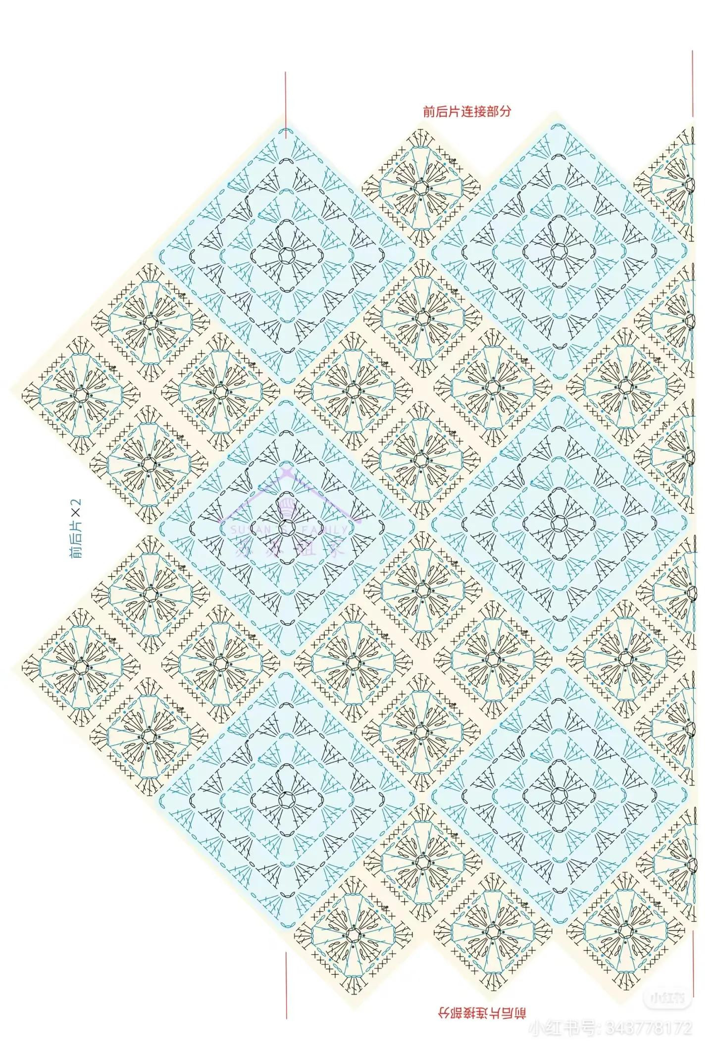 Vintage Granny Square Crochet Vest Pattern: Multi-color Brown and Blue Design with Detailed Chart and Border Instructions