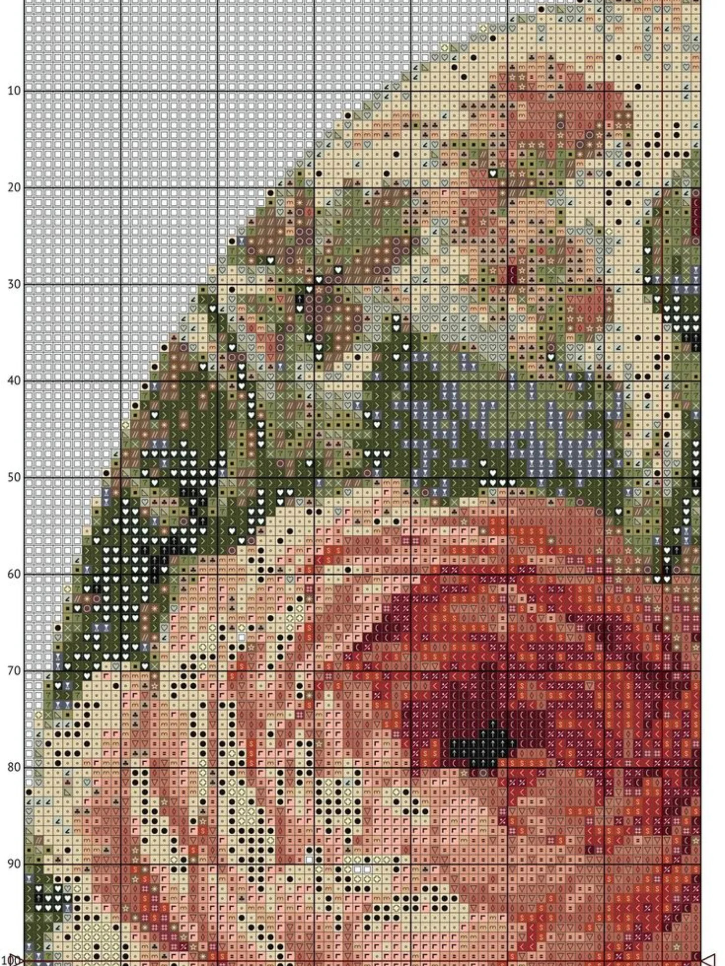 Vintage Rose and Garden Cross Stitch Pattern Chart with Detailed Symbols
