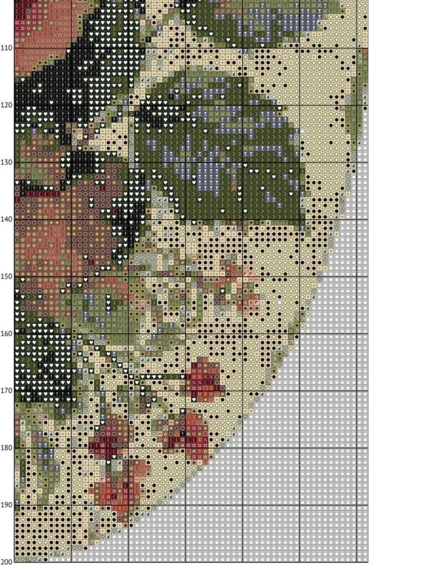 Vintage Rose and Garden Cross Stitch Pattern Chart with Detailed Symbols