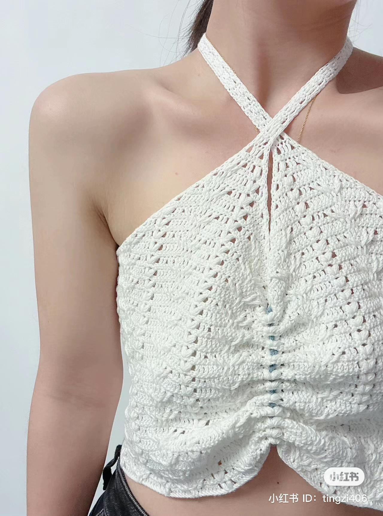 White Crochet Halter Top with Ruched Front and Cross Back Straps Pattern Chart