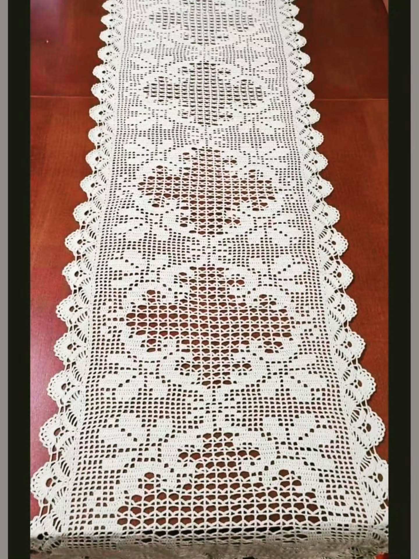White Crochet Lace Table Runner with Intricate Floral Motif Pattern Chart
