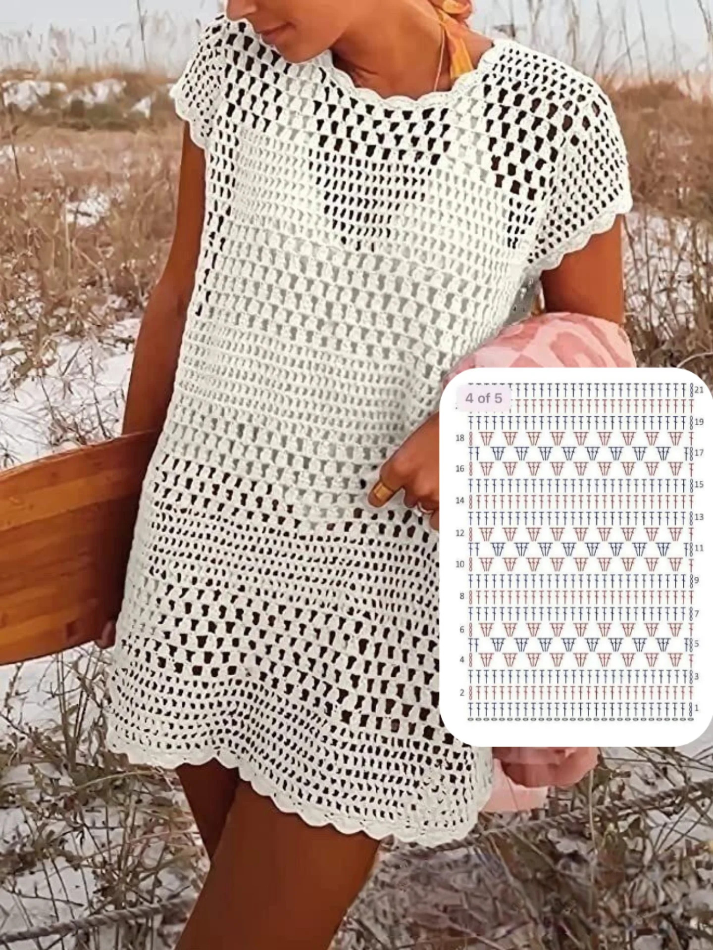 White Crochet Mesh Dress with Long Sleeves and Flat Stitch Chart Pattern