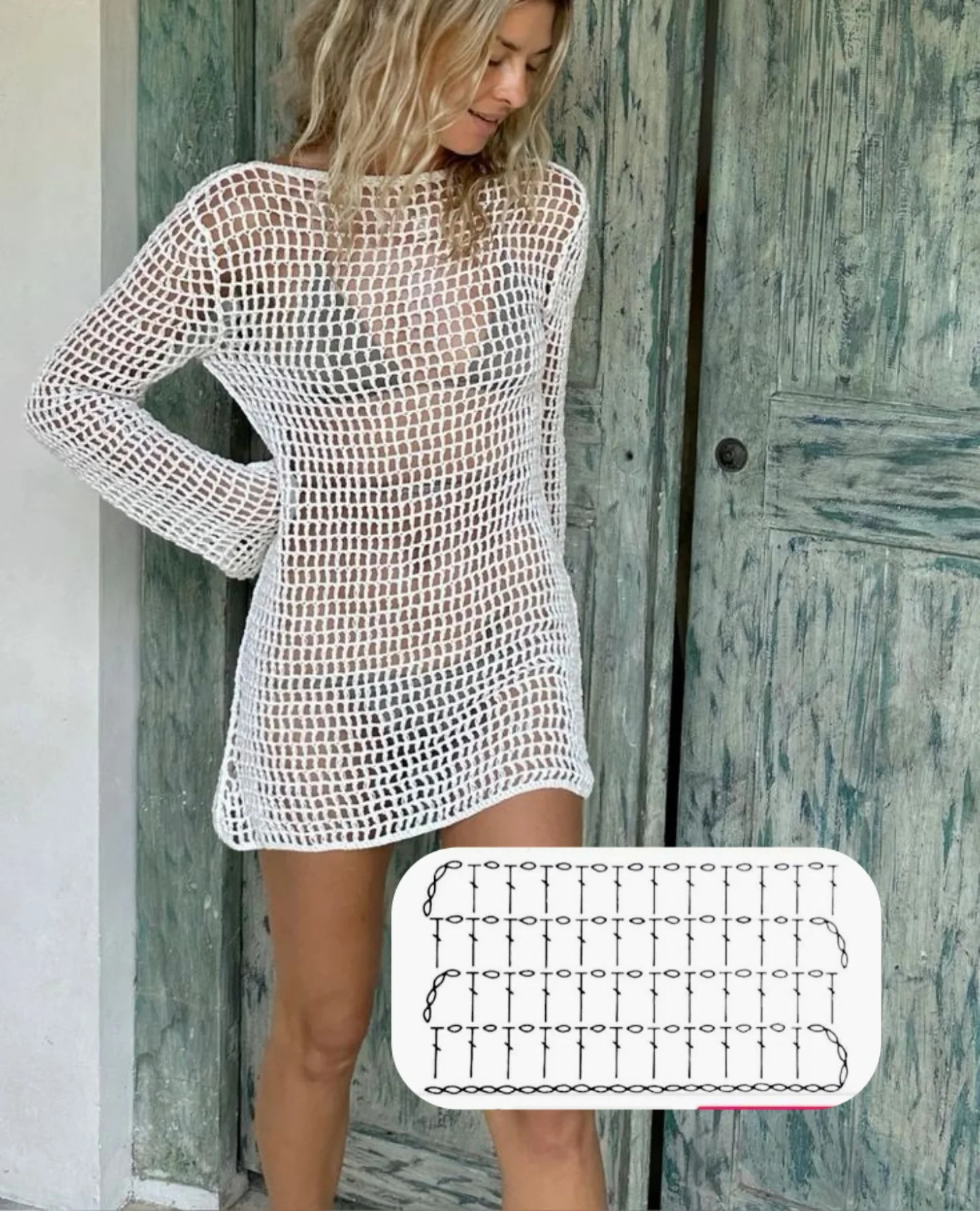 White Crochet Mesh Dress with Long Sleeves and Flat Stitch Chart Pattern