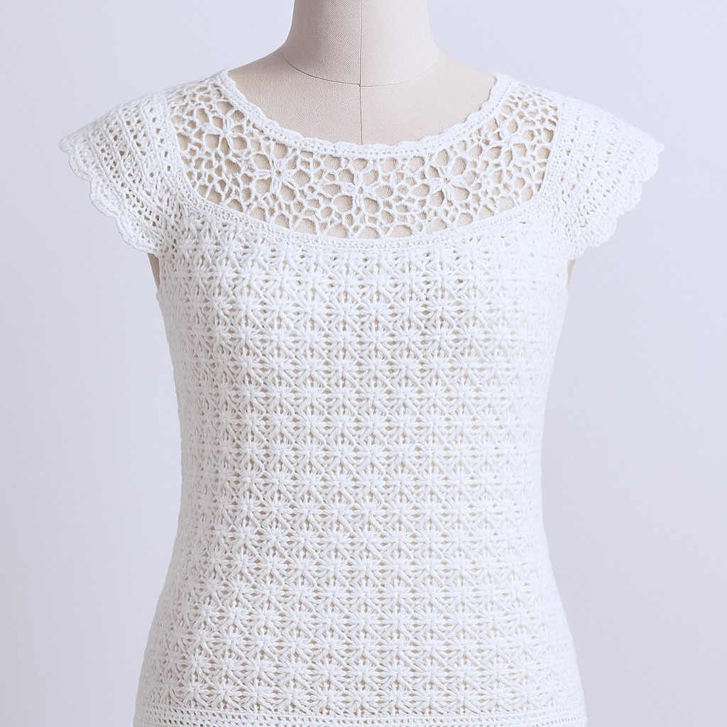 White Crochet Top and Crop Top with Detailed Flat Chart Pattern Diagram
