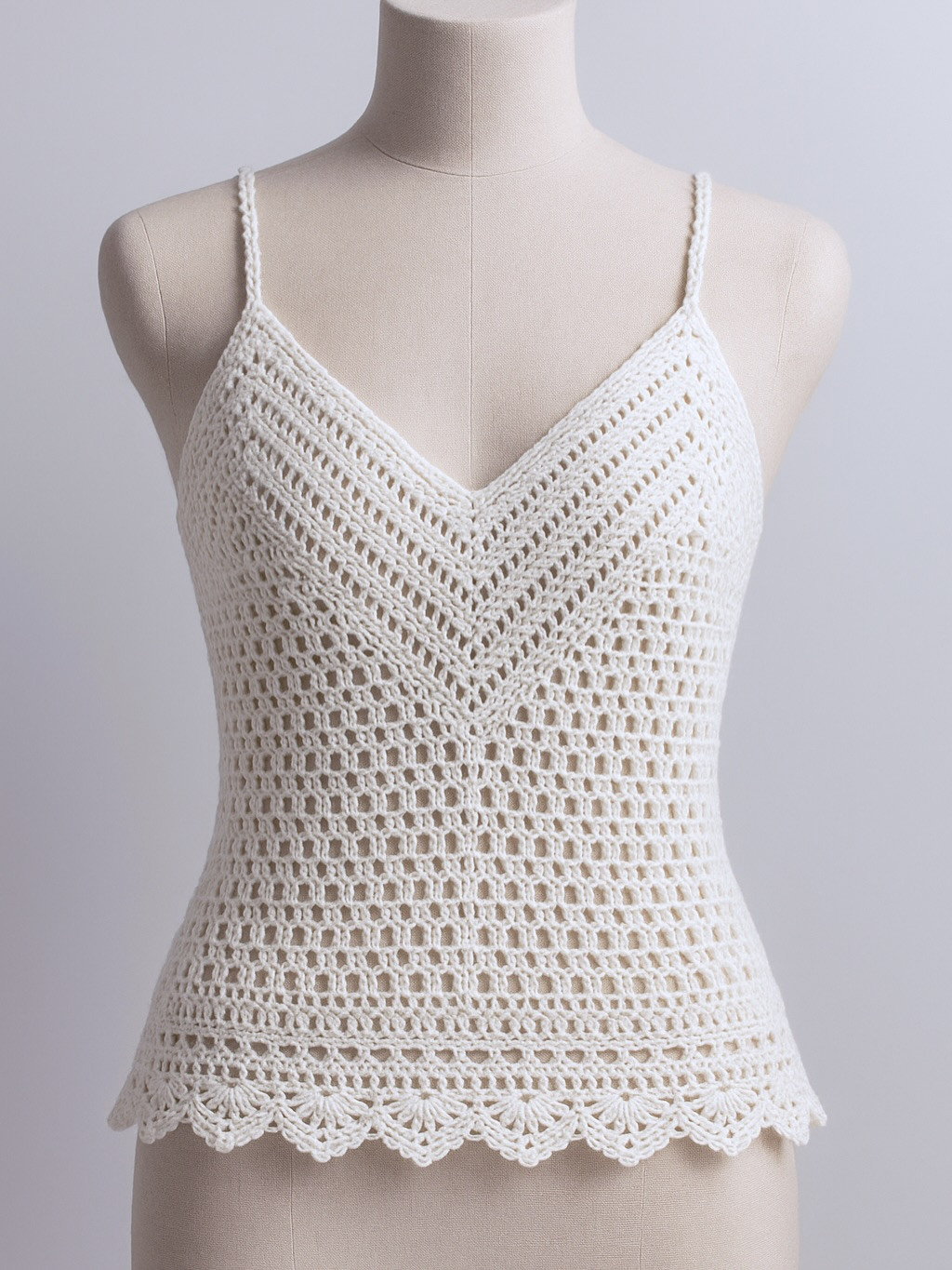 White Crochet V-Neck Top and High Neck Vest Patterns with Lace Edging