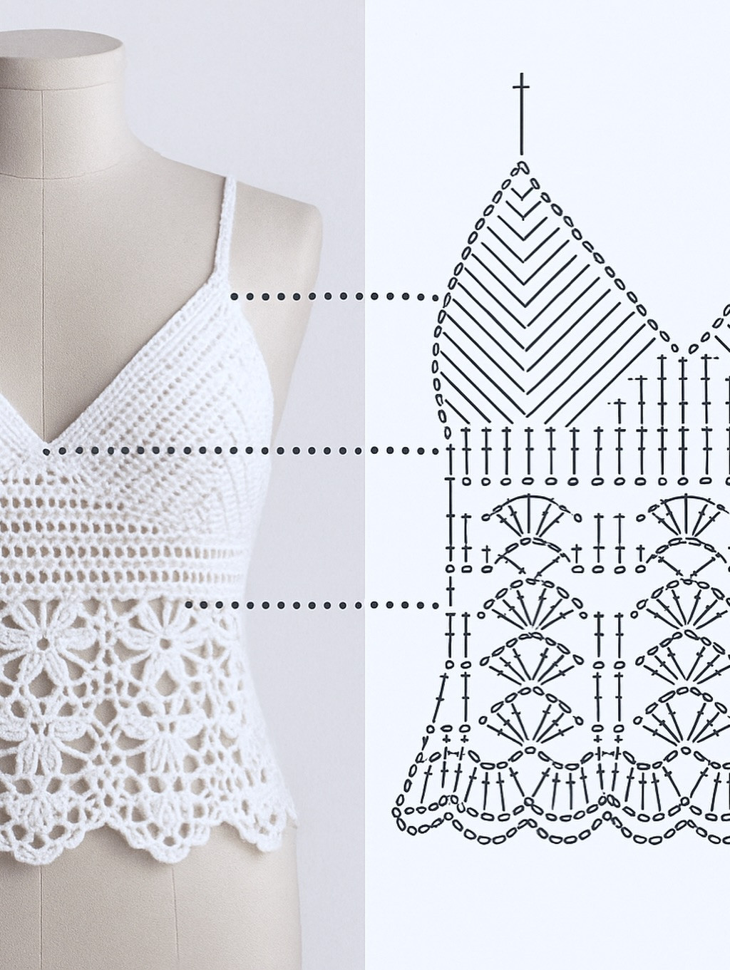 White Crochet V-Neck Top and High Neck Vest Patterns with Lace Edging