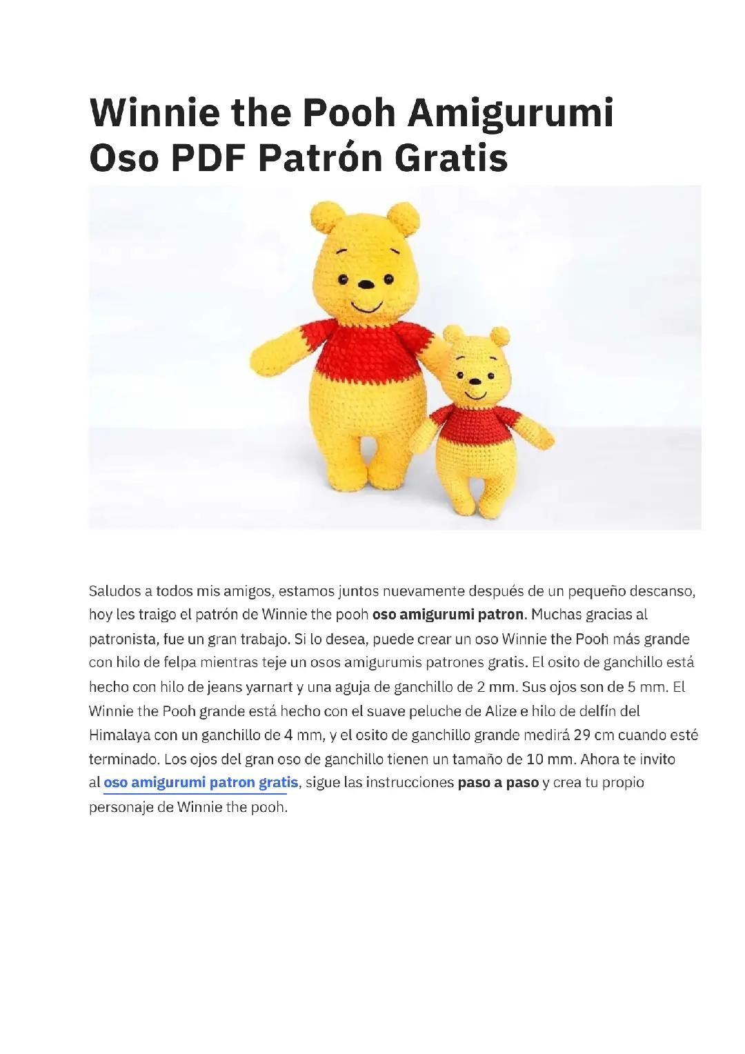 Winnie the Pooh Amigurumi Oso PDF Patrón Gratis - Gấu Winnie Móc Len