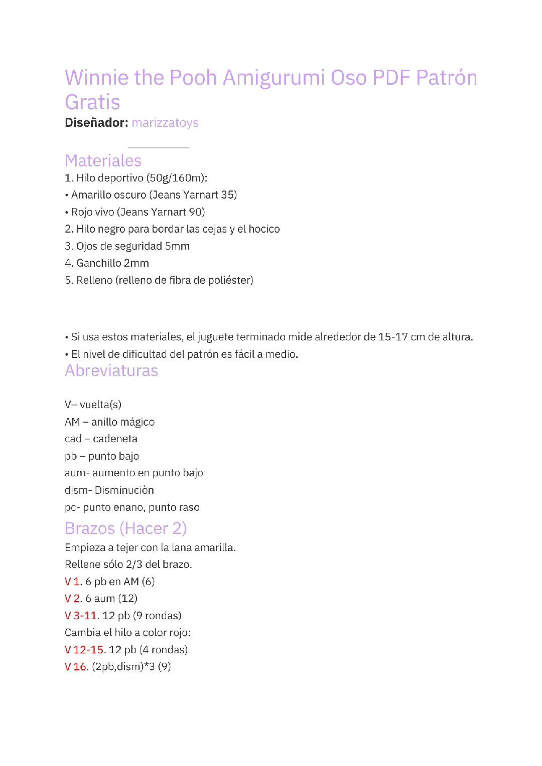 Winnie the Pooh Amigurumi Oso PDF Patrón Gratis - Gấu Winnie Móc Len