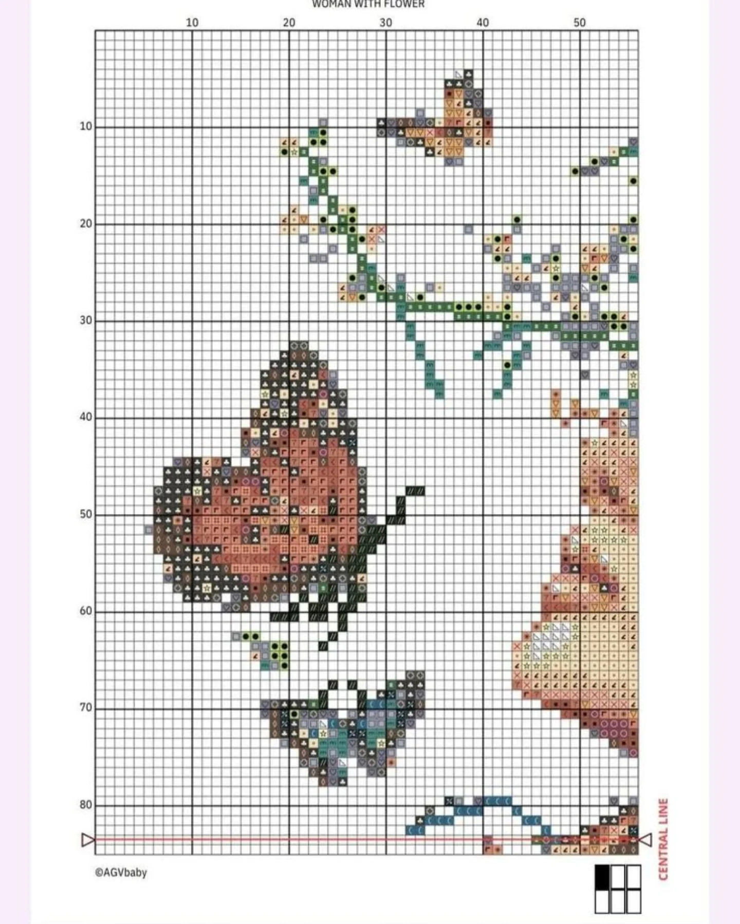 Woman with Flower Cross Stitch Chart Pattern, Floral Portrait Design with Butterflies, Full Count Symbol Key and Grid Instructions