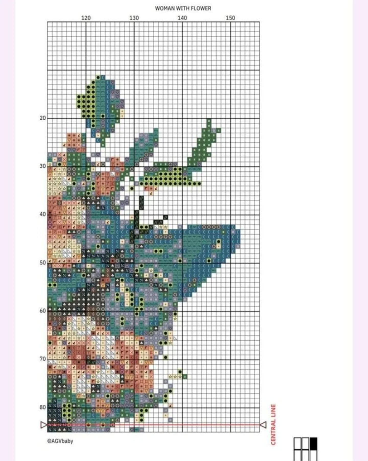 Woman with Flower Cross Stitch Chart Pattern, Floral Portrait Design with Butterflies, Full Count Symbol Key and Grid Instructions