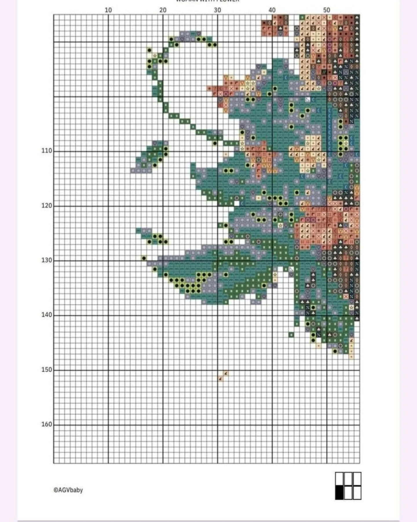Woman with Flower Cross Stitch Chart Pattern, Floral Portrait Design with Butterflies, Full Count Symbol Key and Grid Instructions