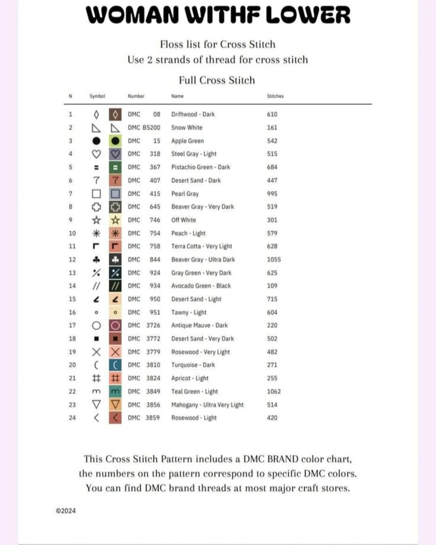 Woman with Flower Cross Stitch Chart Pattern, Floral Portrait Design with Butterflies, Full Count Symbol Key and Grid Instructions