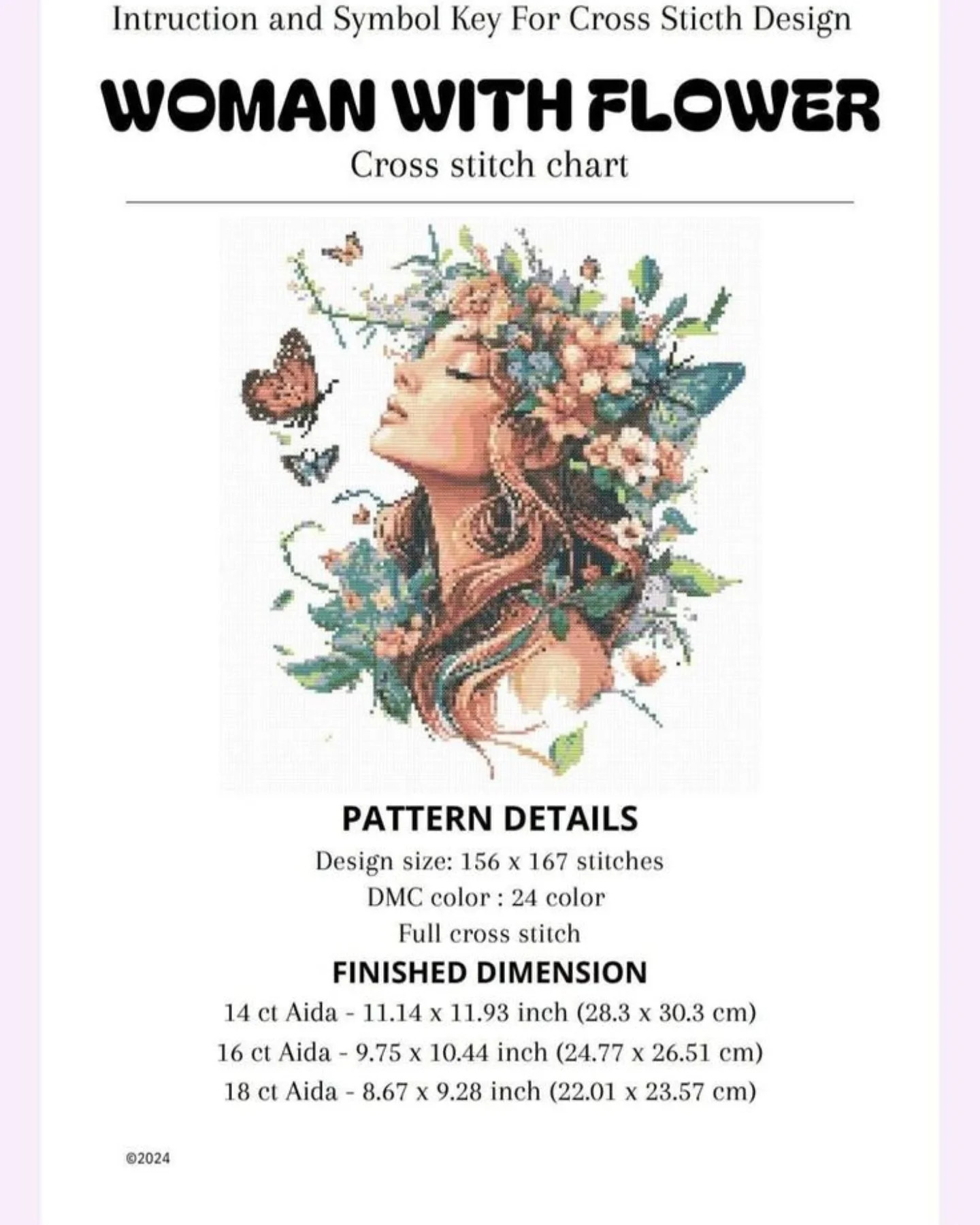 Woman with Flower Cross Stitch Chart Pattern, Floral Portrait Design with Butterflies, Full Count Symbol Key and Grid Instructions