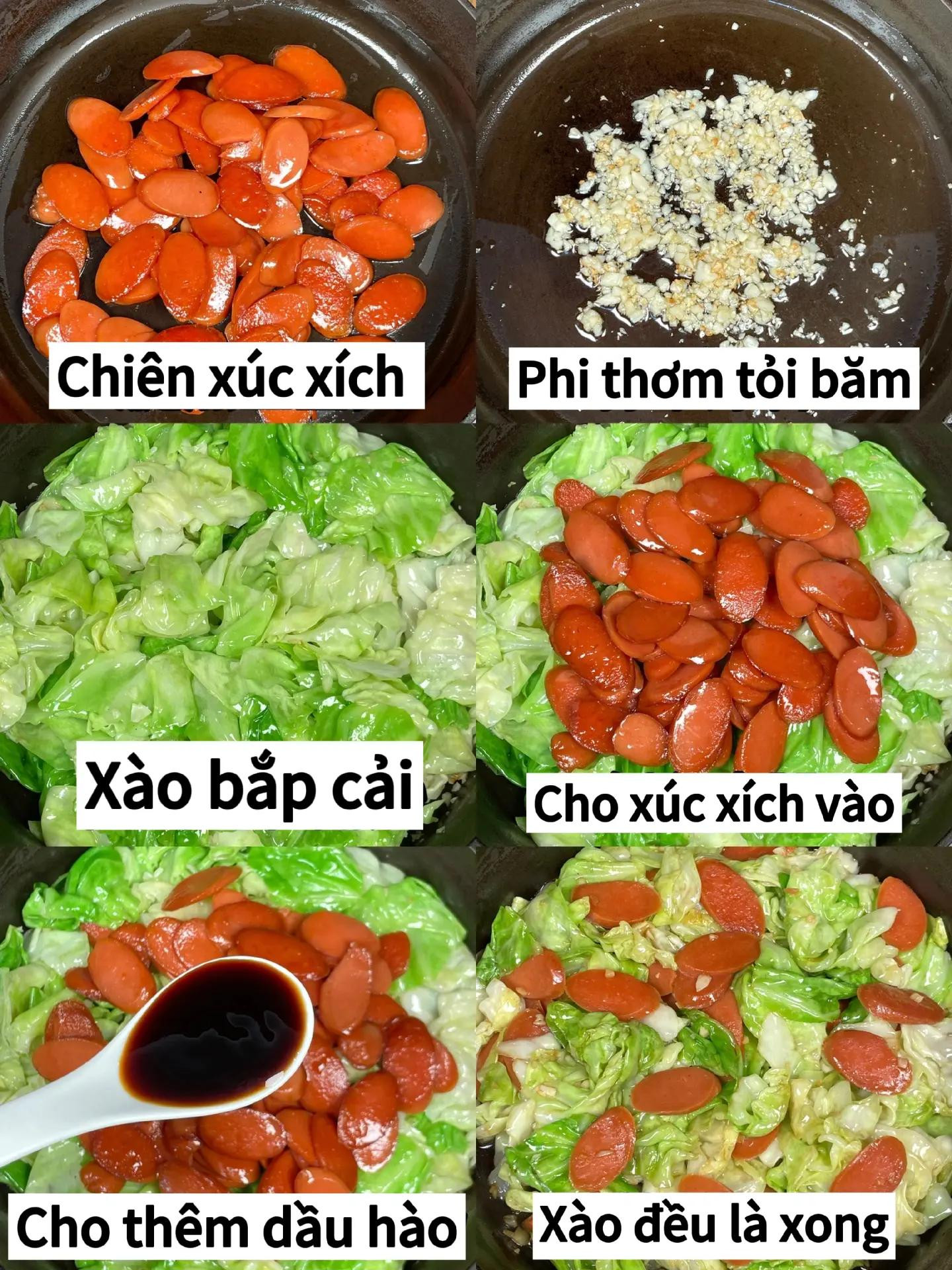 Xào bắp cải với xúc xích và tỏi băm, món ăn ngon đơn giản