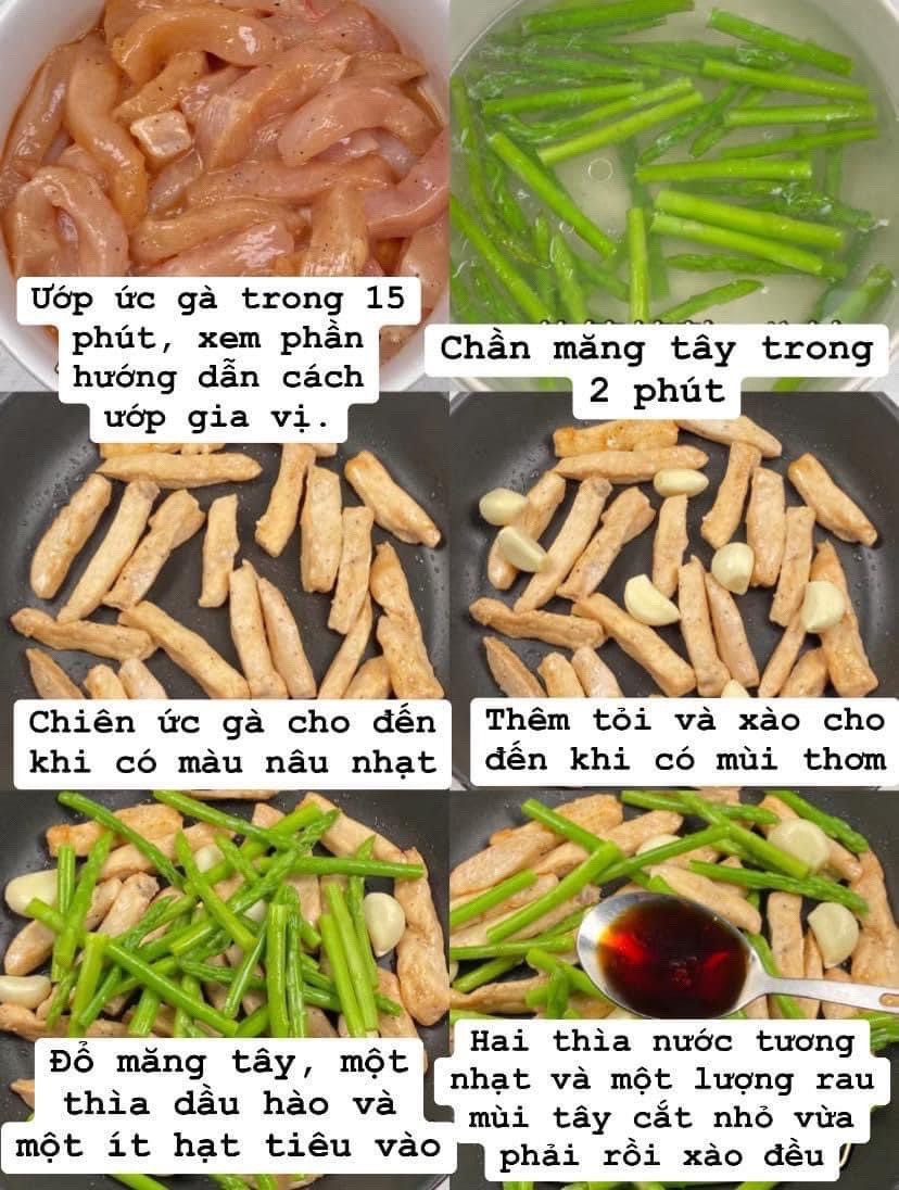 Xào ức gà và măng tây với tỏi, nước tương và dầu hào