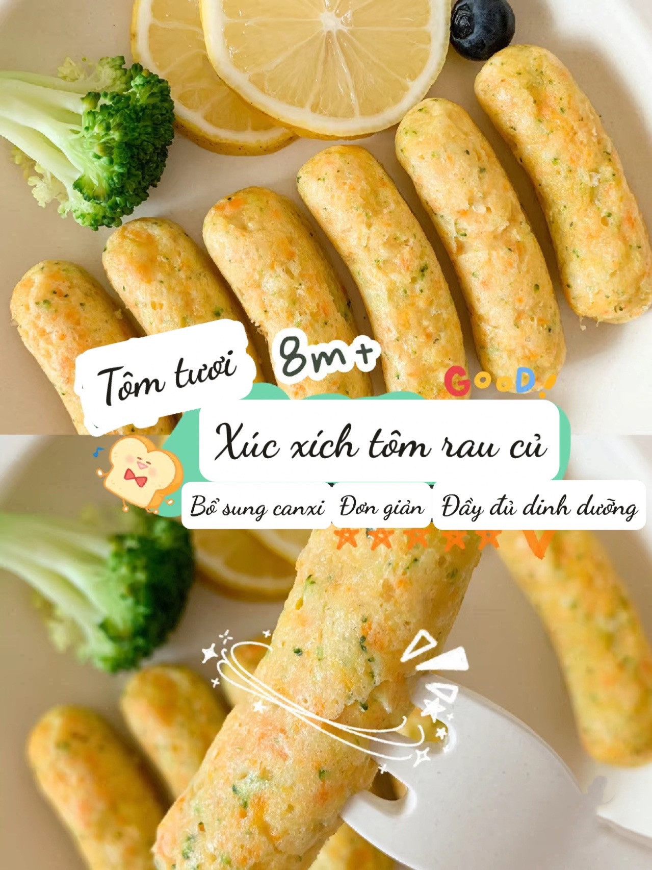 Xúc xích tôm rau củ bổ sung canxi cho bé trên 8 tháng tuổi, mềm không cần răng cũng ăn được