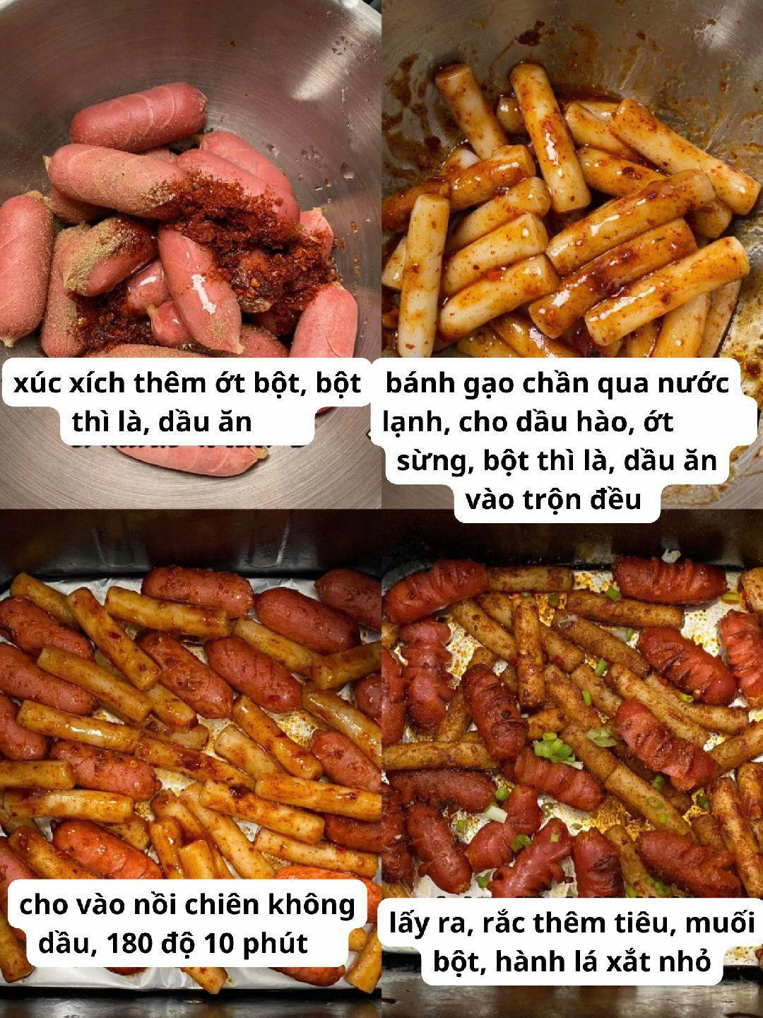Xúc xích và bánh gạo chiên không dầu sốt ớt sừng, tỏi, hành lá