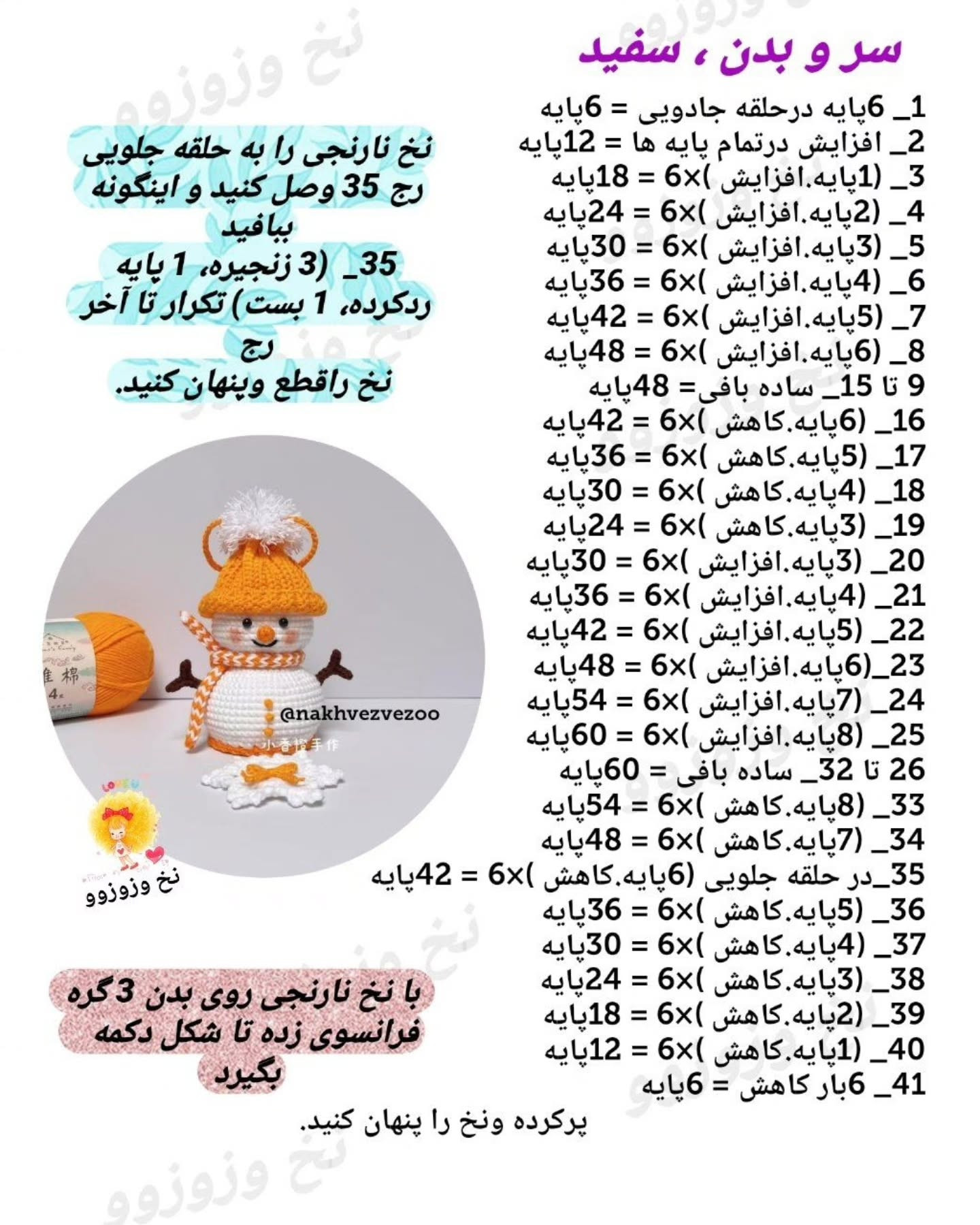 آموزش بافت آدم برفی آویز زمستانی با کلاه نارنجی و شالگردن