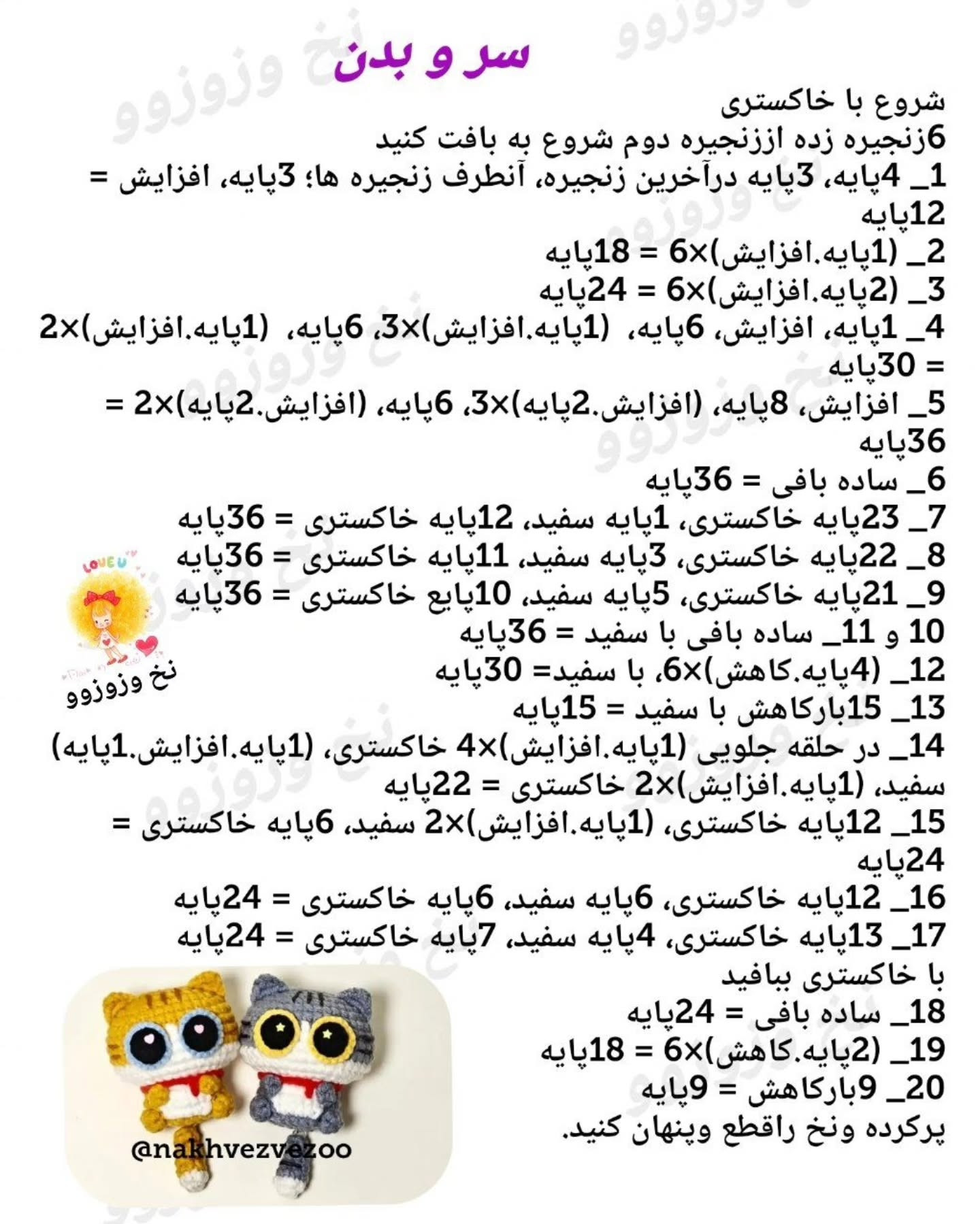 آموزش بافتنی عروسک گربه (پیشی) آویز کلید - طرح سه رنگ خاکستری، زرد و مشکی