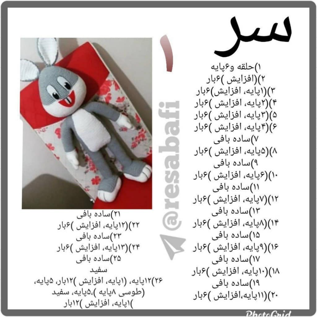 آموزش گام به گام بافتنی خرگوش بانی (Bugs Bunny) - الگوی کامل سر، پاها و انگشتان