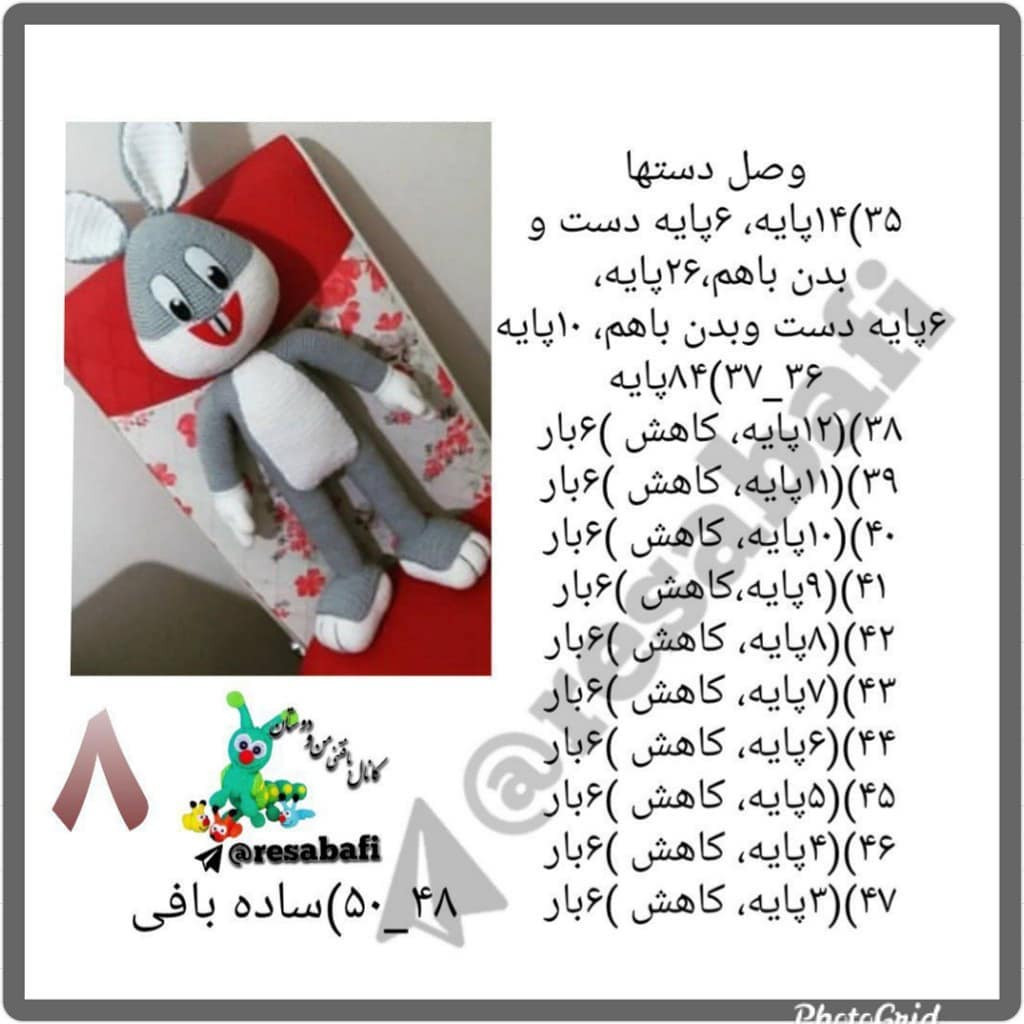 آموزش گام به گام بافتنی خرگوش بانی (Bugs Bunny) - الگوی کامل سر، پاها و انگشتان