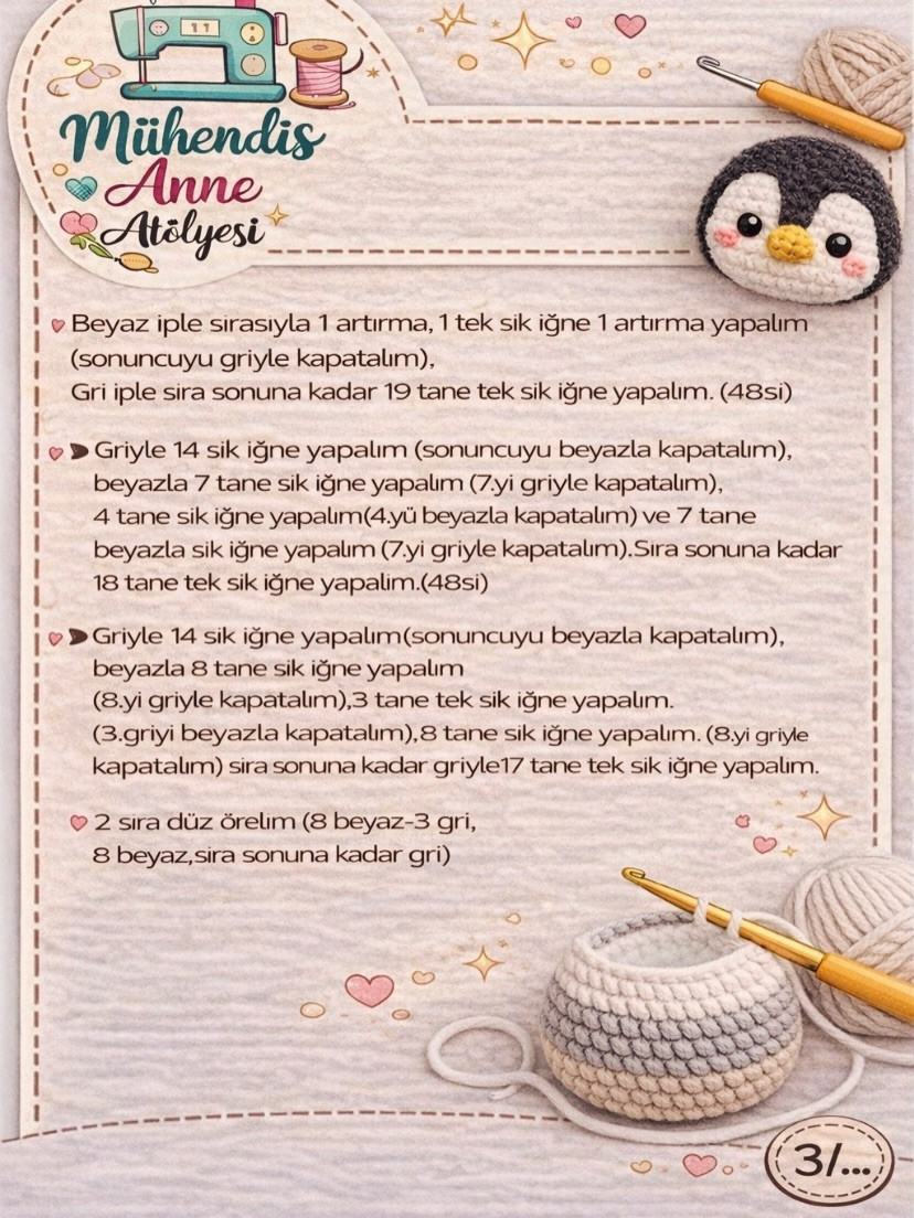 Adım Adım Pembe ve Gri Penguen Amigurumi Örgü Tarifi