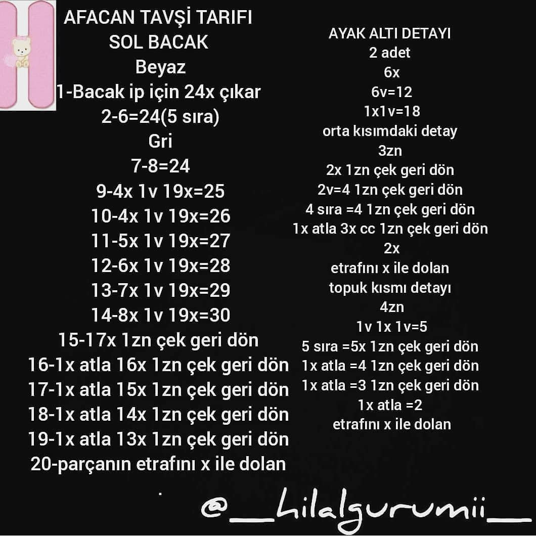 Afacan Tavşı Tarifi - Hướng dẫn móc len thỏ xám trắng chi tiết từng phần