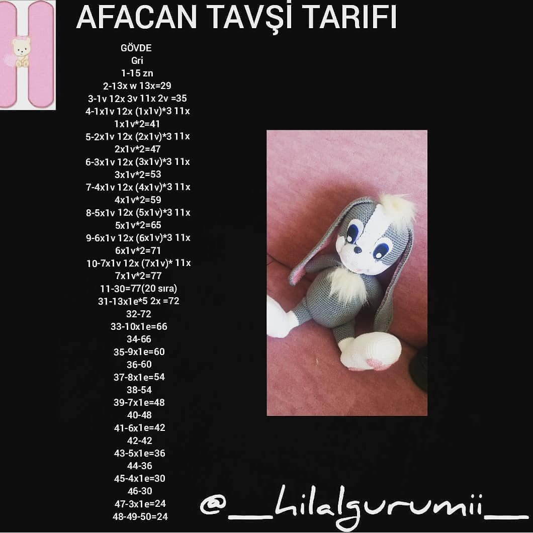 Afacan Tavşı Tarifi - Hướng dẫn móc len thỏ xám trắng chi tiết từng phần