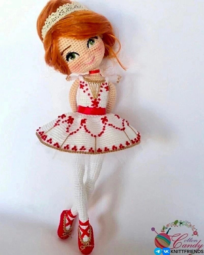 Amigurumi Ballerina Doll Crochet Pattern: Red Hair, White Dress with Red Hearts, Gold Embroidery, 24cm Height