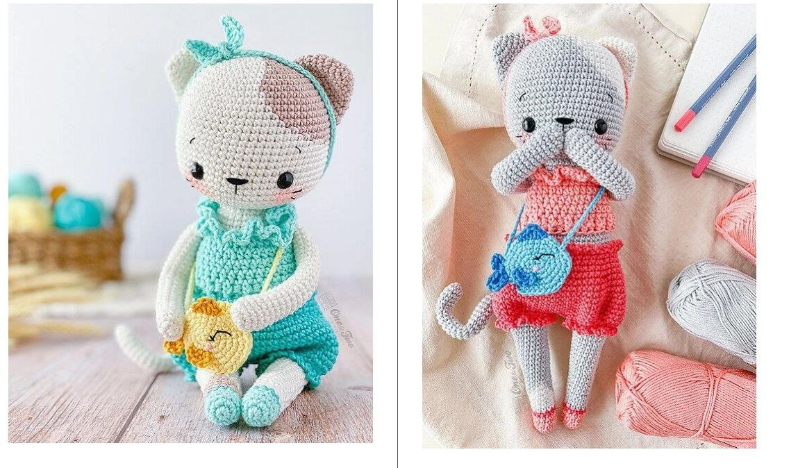Amigurumi Cat Kora: Free Crochet Pattern for Cute Gray and White Dolls with Colorful Outfits