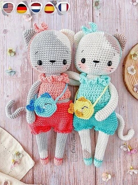 Amigurumi Cat Kora: Free Crochet Pattern for Cute Gray and White Dolls with Colorful Outfits