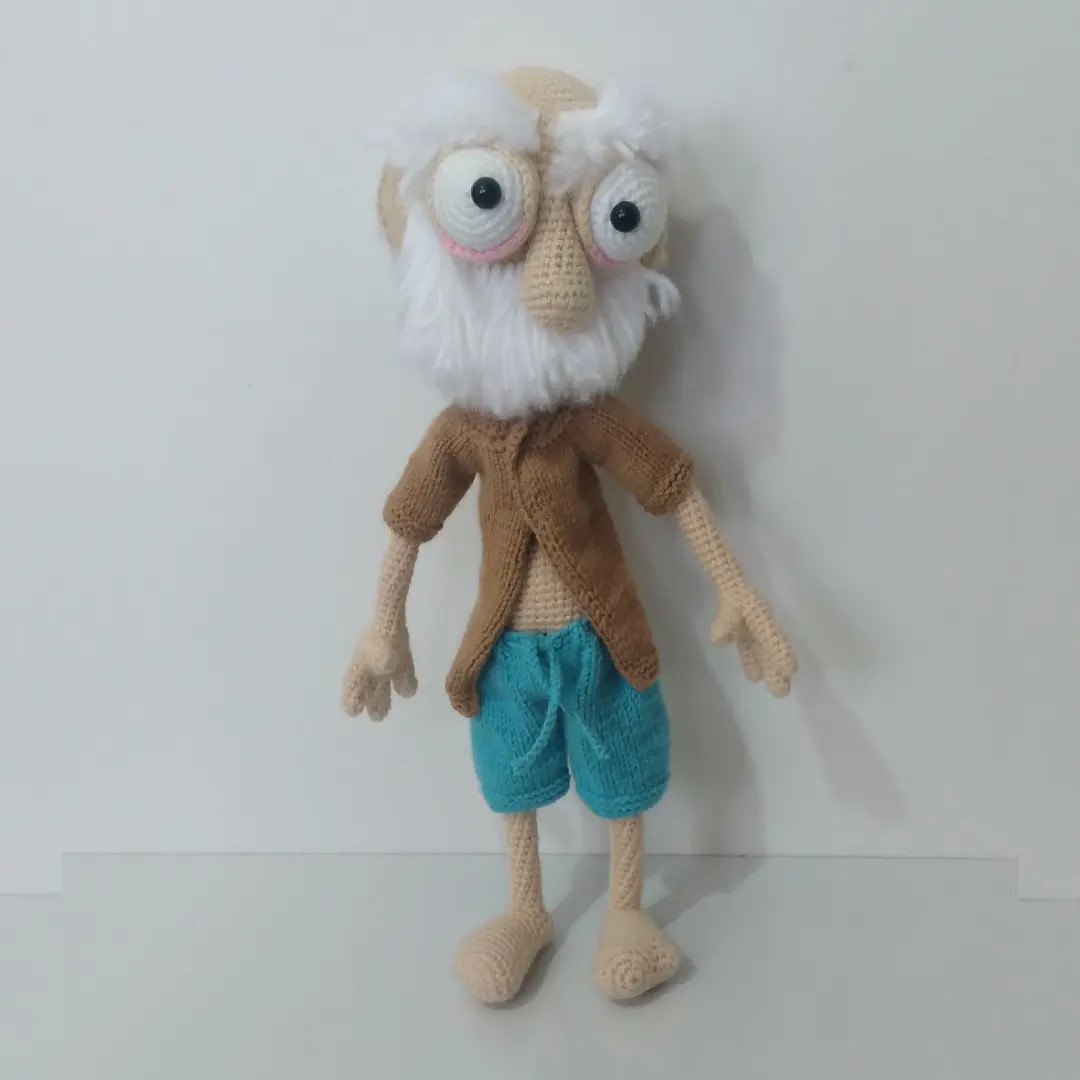 Amigurumi old man doll with white beard, brown jacket and blue shorts - crochet pattern instructions in Persian