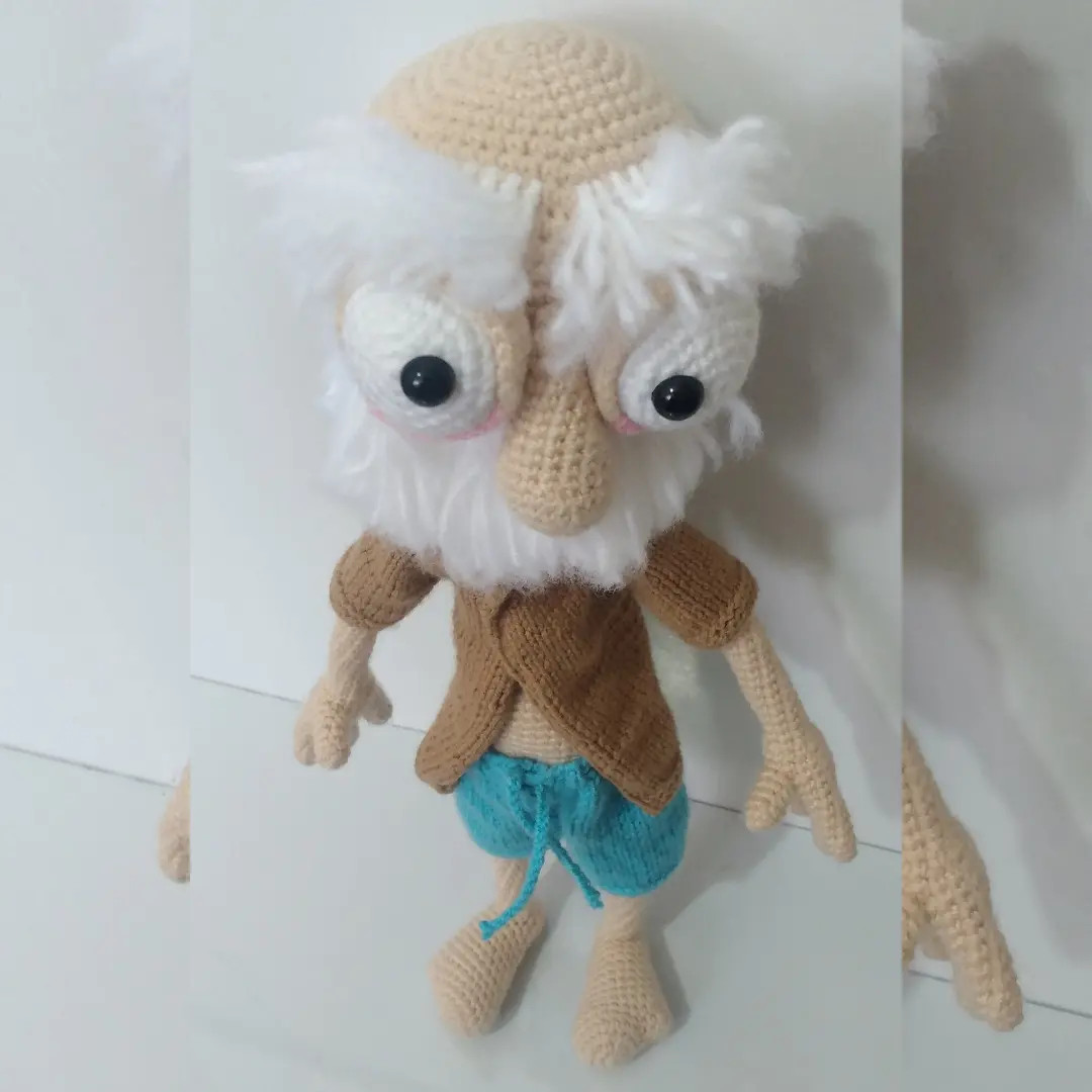Amigurumi old man doll with white beard, brown jacket and blue shorts - crochet pattern instructions in Persian