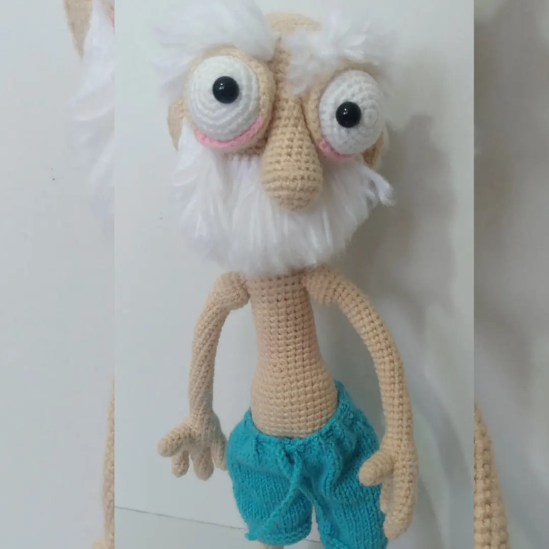 Amigurumi old man doll with white beard, brown jacket and blue shorts - crochet pattern instructions in Persian