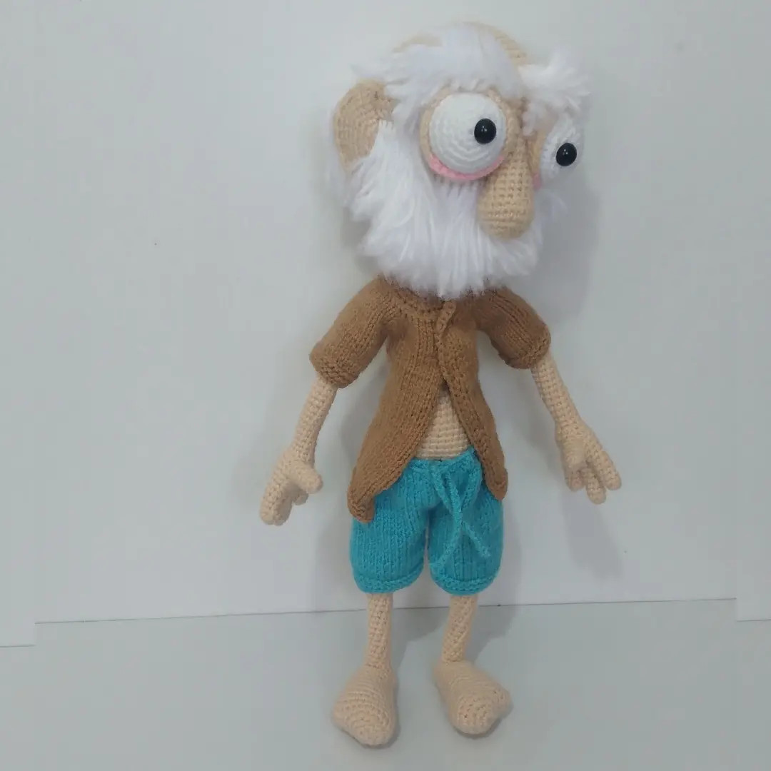 Amigurumi old man doll with white beard, brown jacket and blue shorts - crochet pattern instructions in Persian